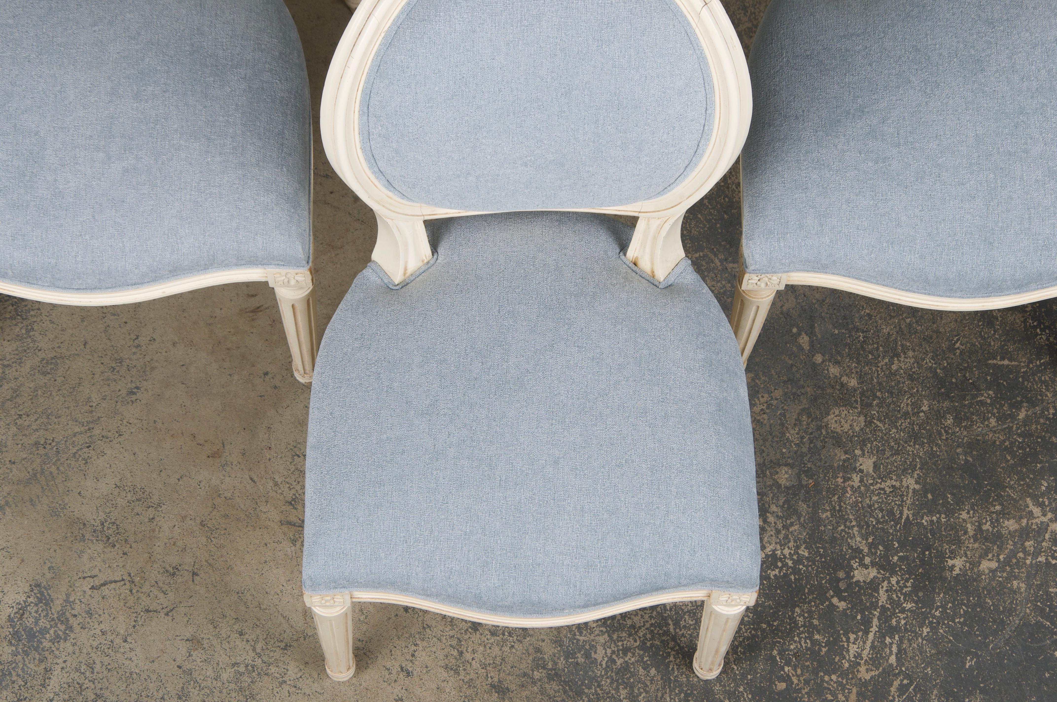 Six Antique French Louis XVI Style Painted Dining Chairs W/ Light Blue Chenille In Good Condition For Sale In Astoria, NY