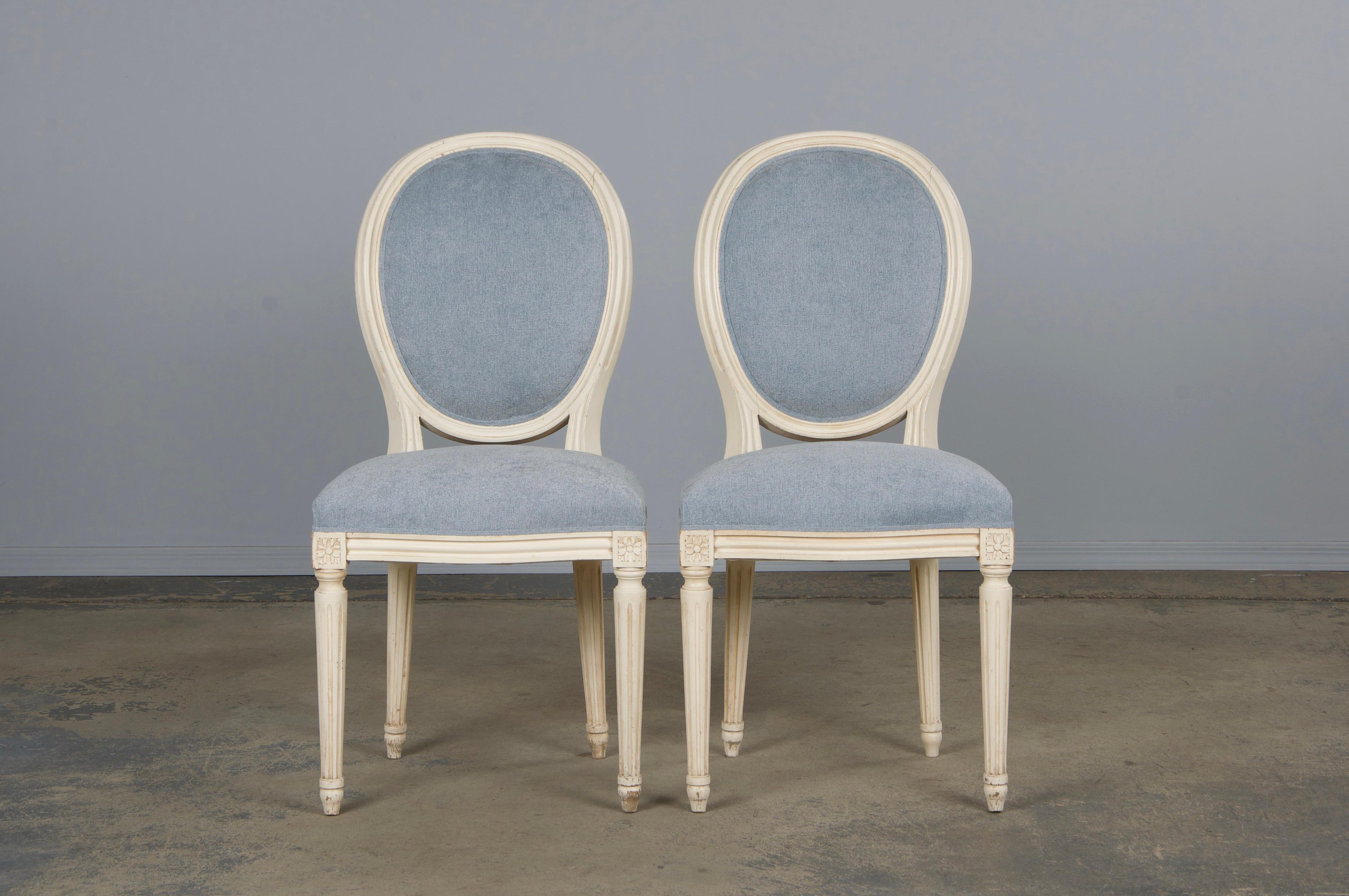 20th Century Six Antique French Louis XVI Style Painted Dining Chairs W/ Light Blue Chenille For Sale