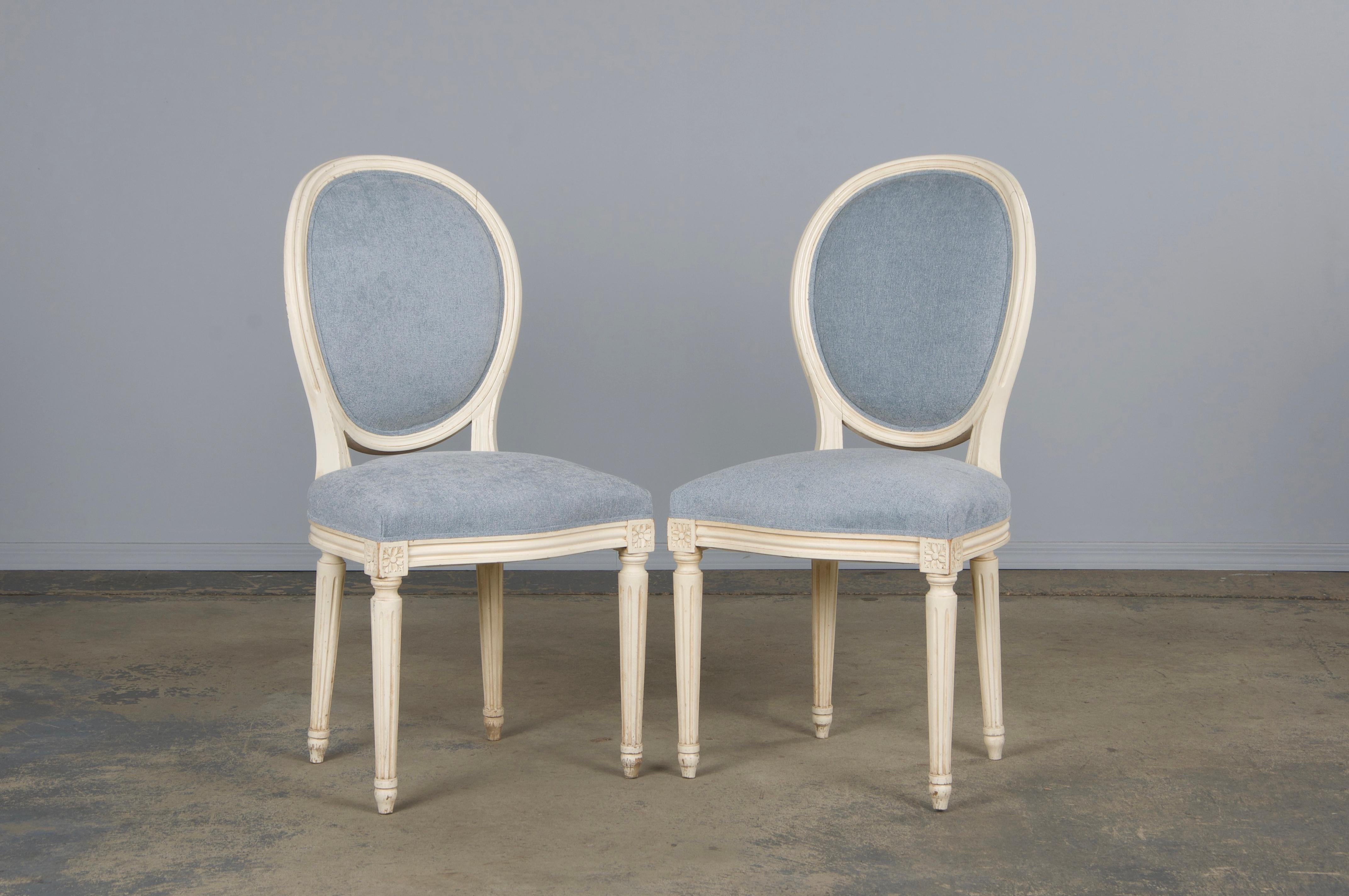 Six Antique French Louis XVI Style Painted Dining Chairs W/ Light Blue Chenille For Sale 1