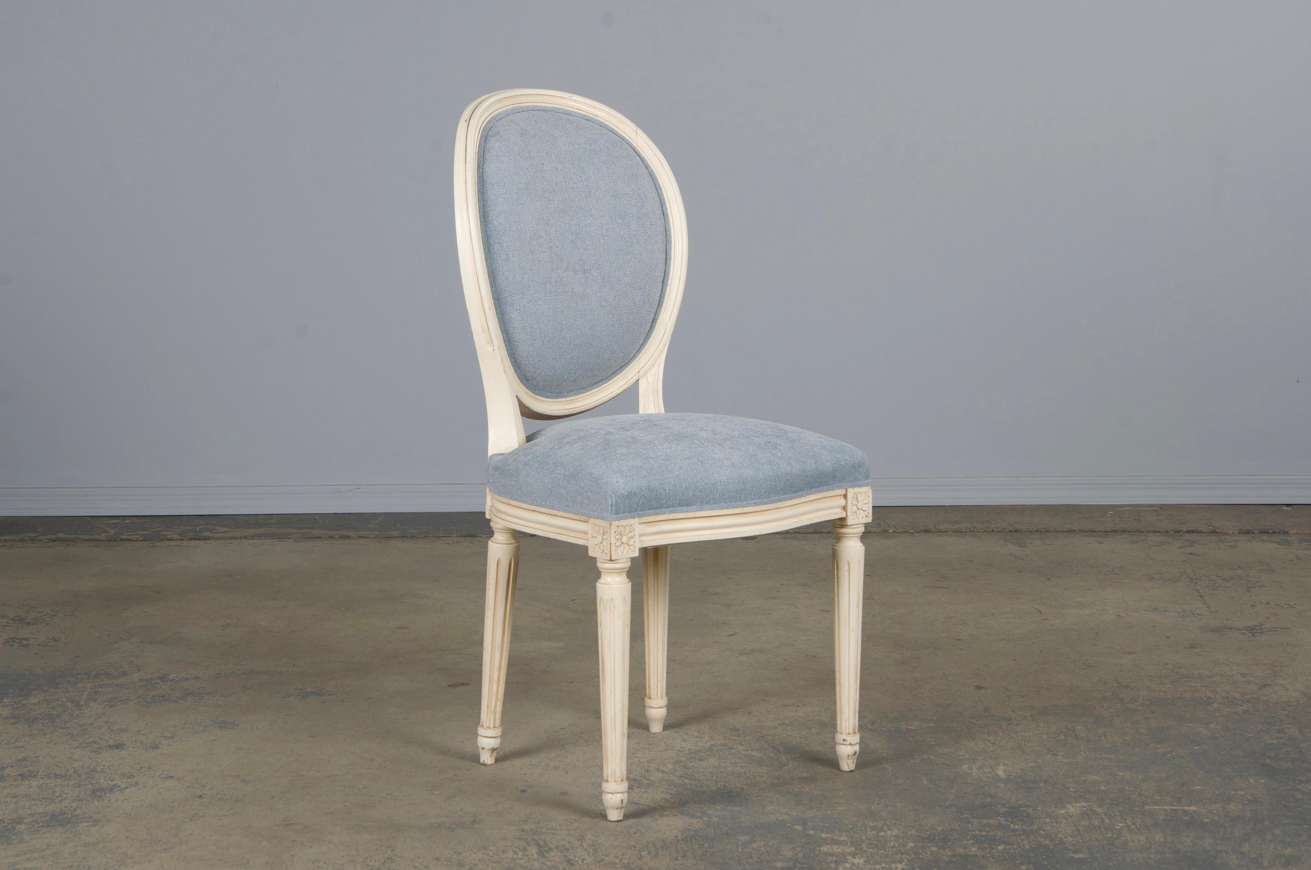 Six Antique French Louis XVI Style Painted Dining Chairs W/ Light Blue Chenille For Sale 2
