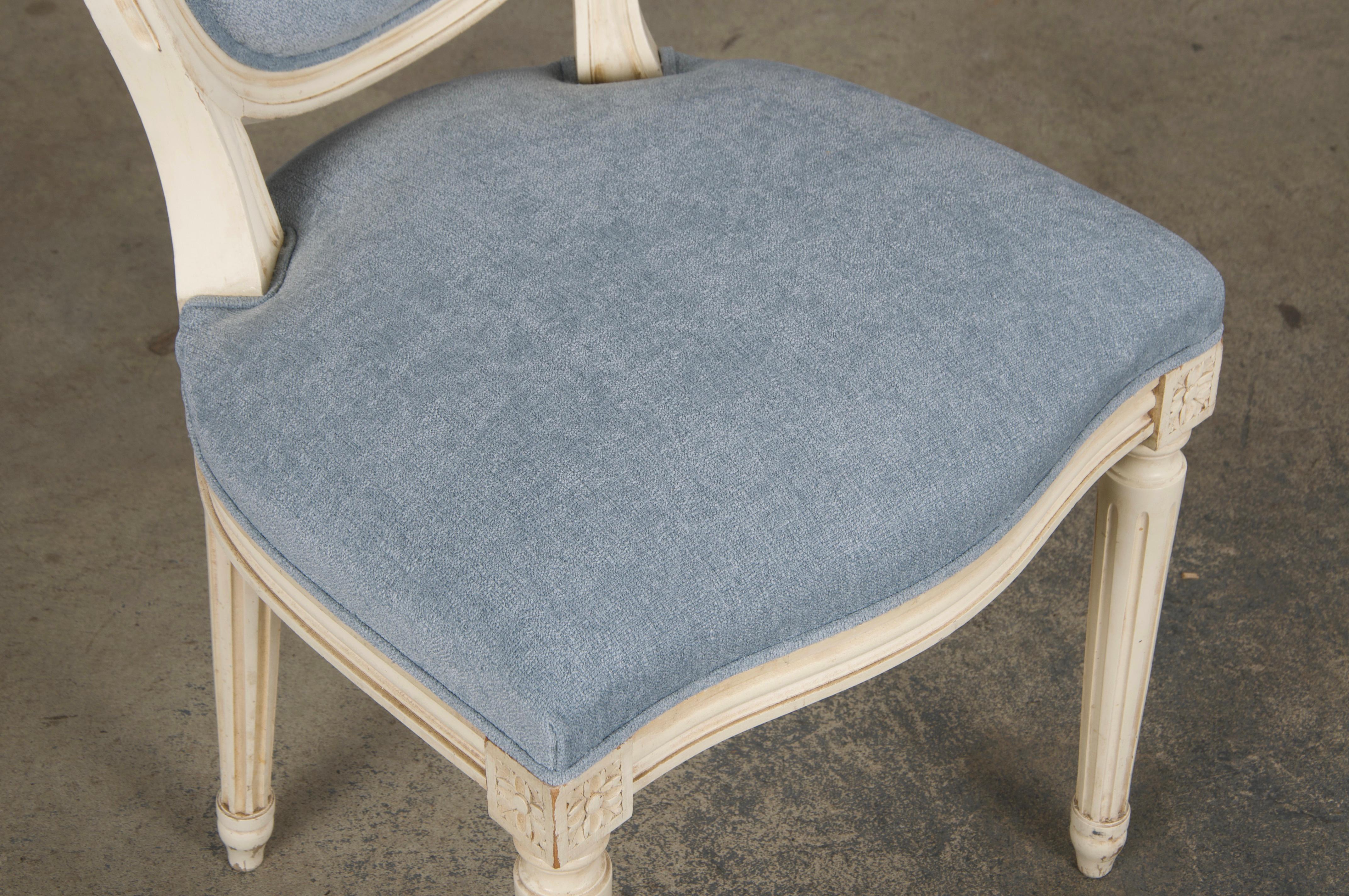 Six Antique French Louis XVI Style Painted Dining Chairs W/ Light Blue Chenille For Sale 4