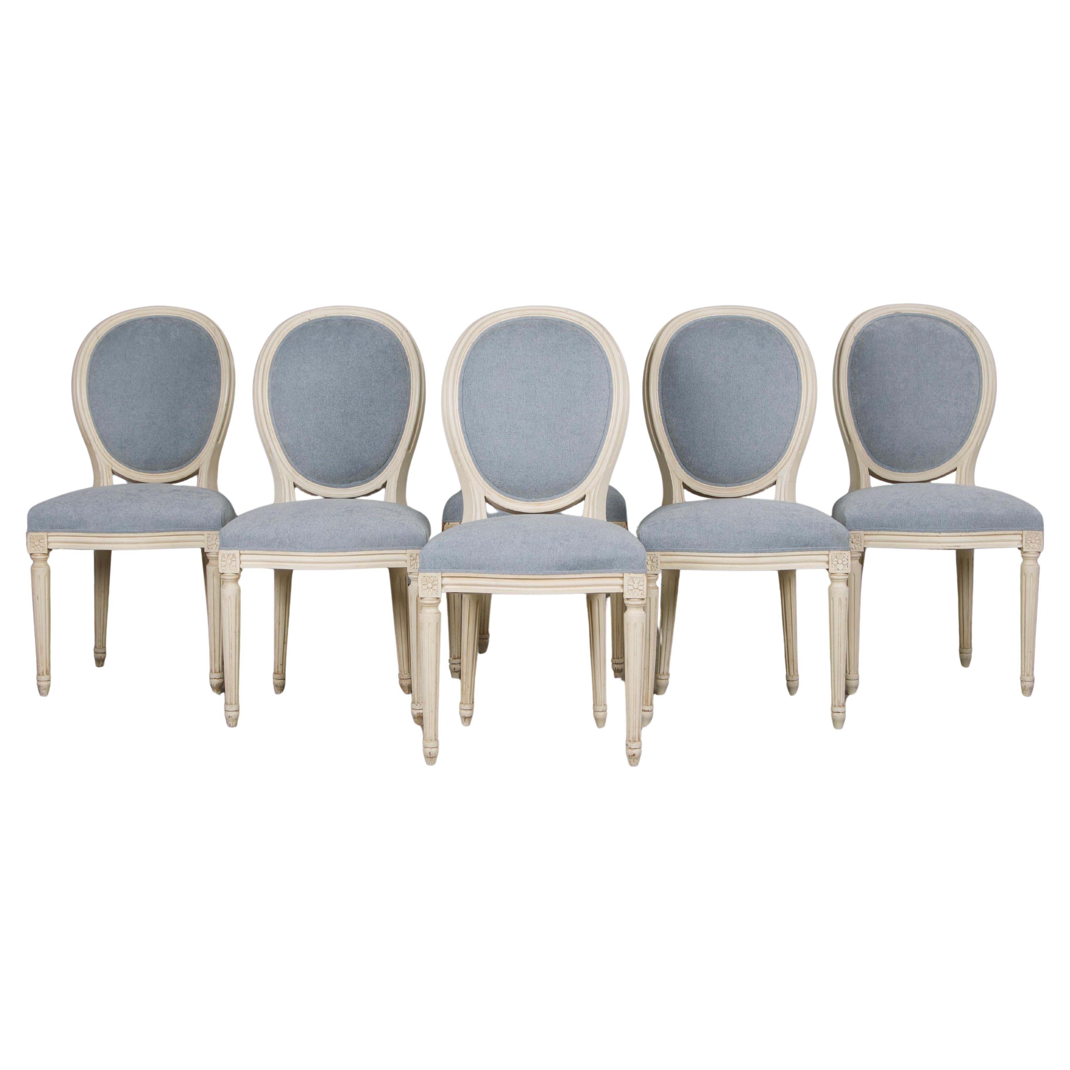 Six Antique French Louis XVI Style Painted Dining Chairs W/ Light Blue Chenille