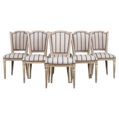 Six Antique French Louis XVI Style Painted Dining Chairs W/ Striped Fabric