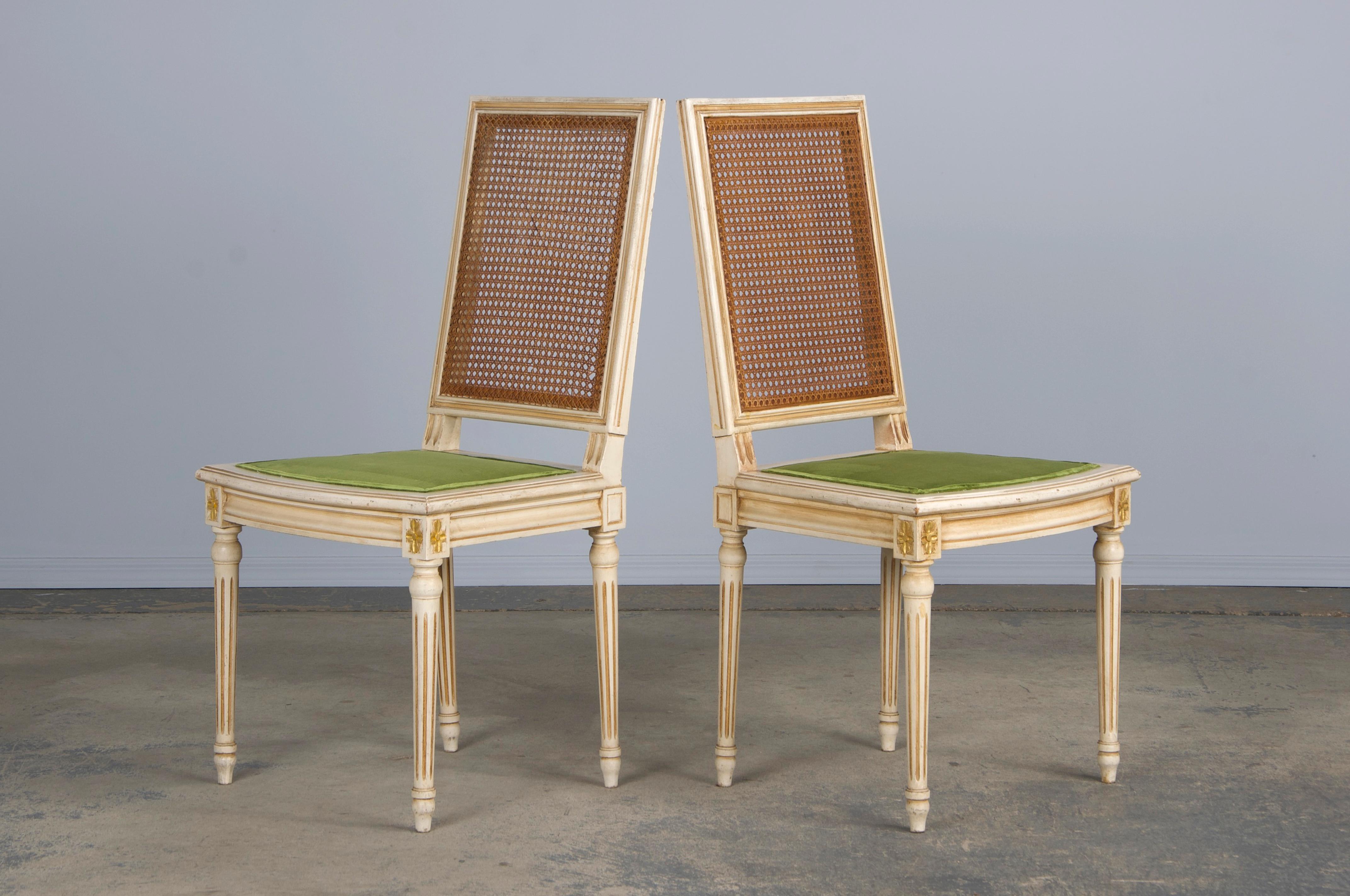 Six Antique French Louis XVI Style Painted Square Cane Back Dining Chairs 5