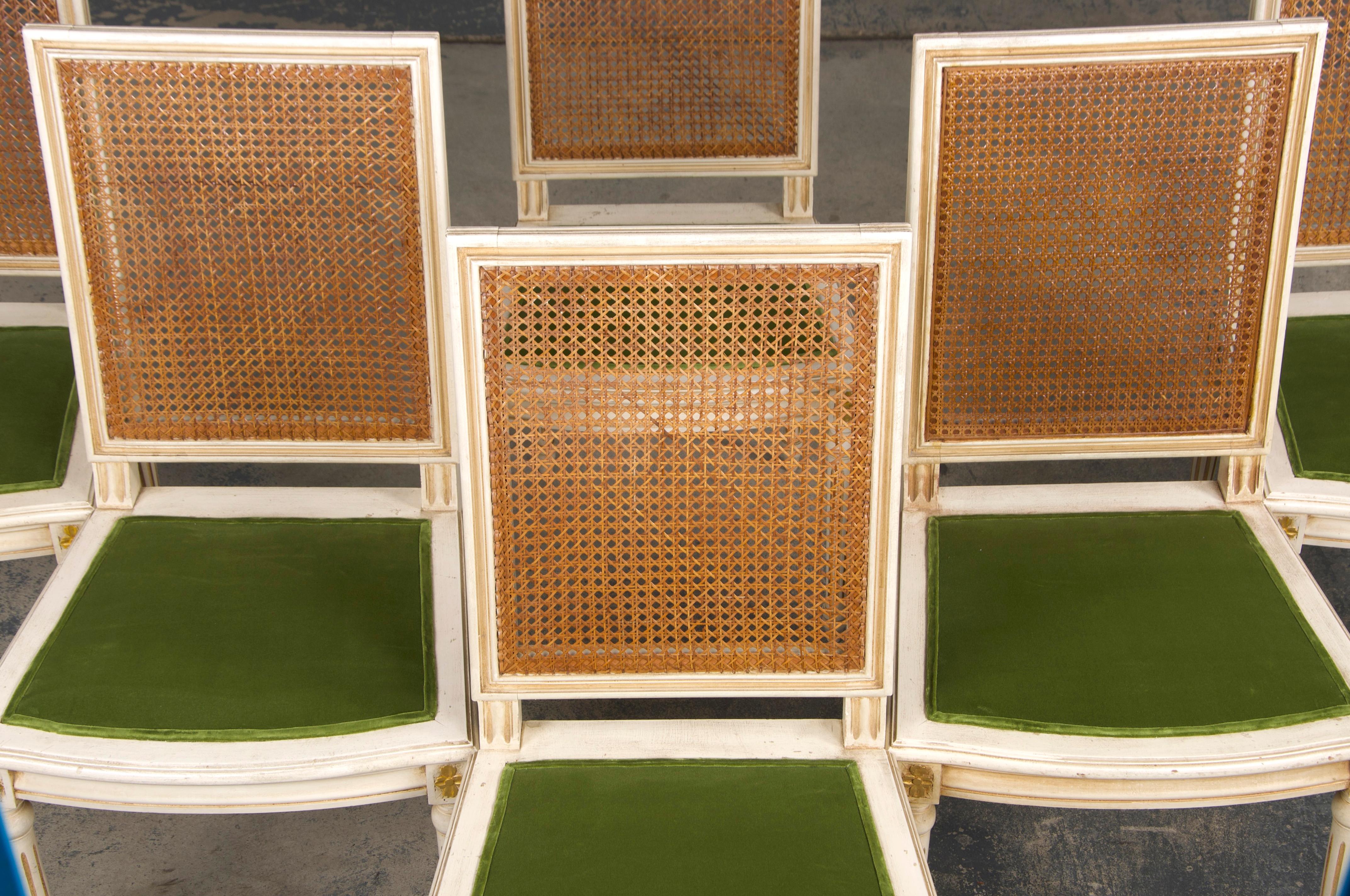 Six Antique French Louis XVI Style Painted Square Cane Back Dining Chairs In Good Condition In Astoria, NY