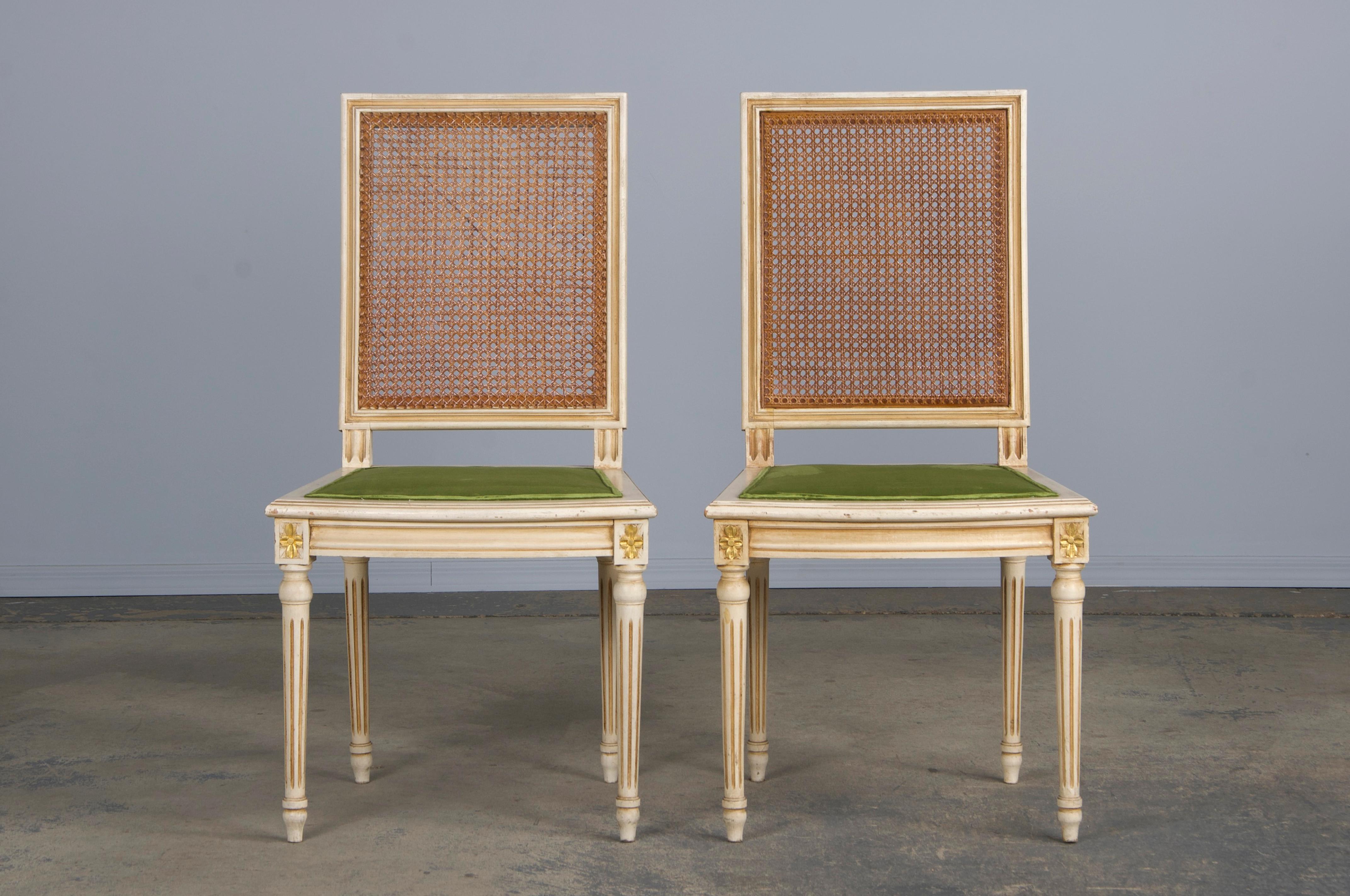 19th Century Six Antique French Louis XVI Style Painted Square Cane Back Dining Chairs