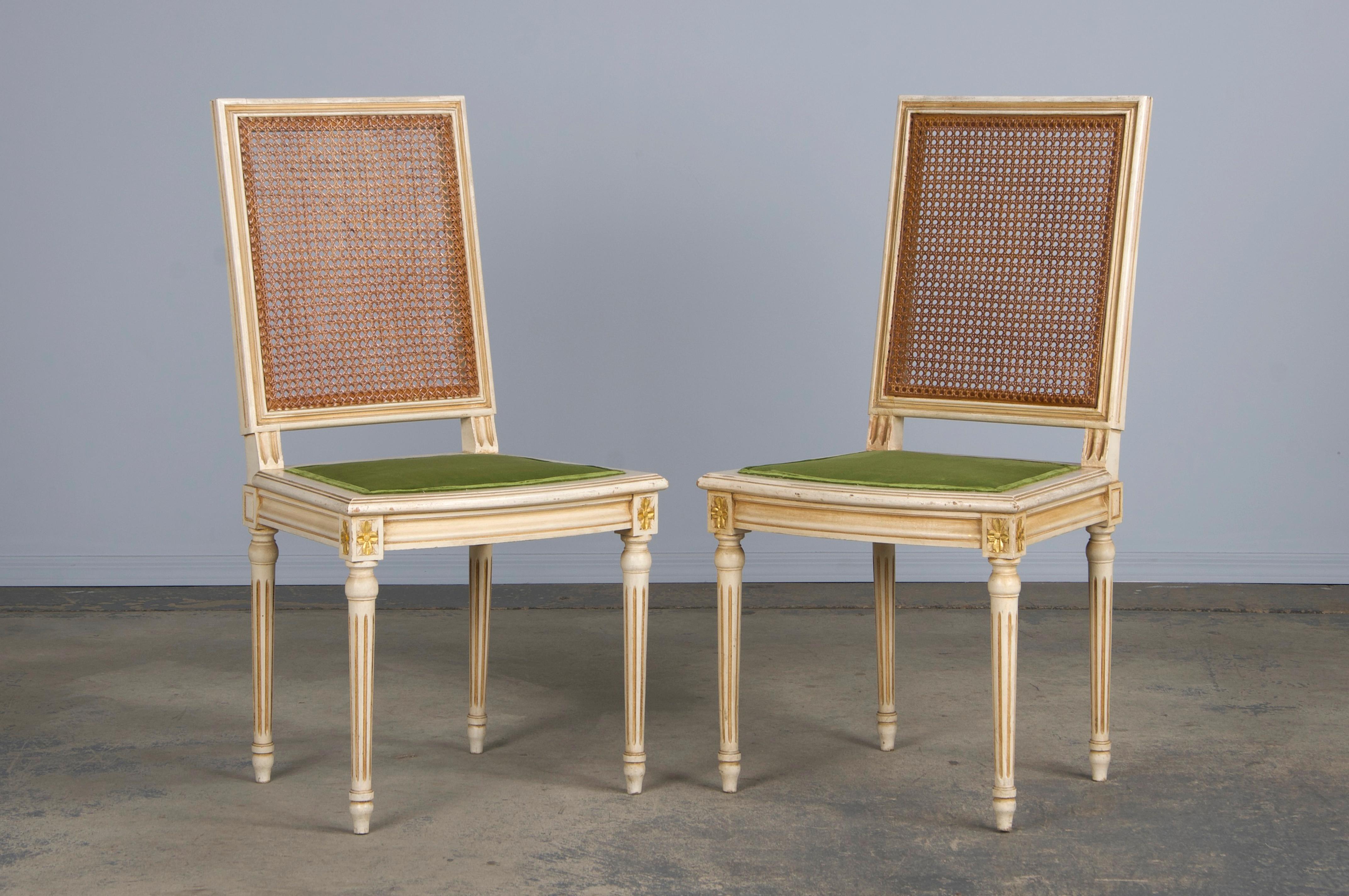Velvet Six Antique French Louis XVI Style Painted Square Cane Back Dining Chairs