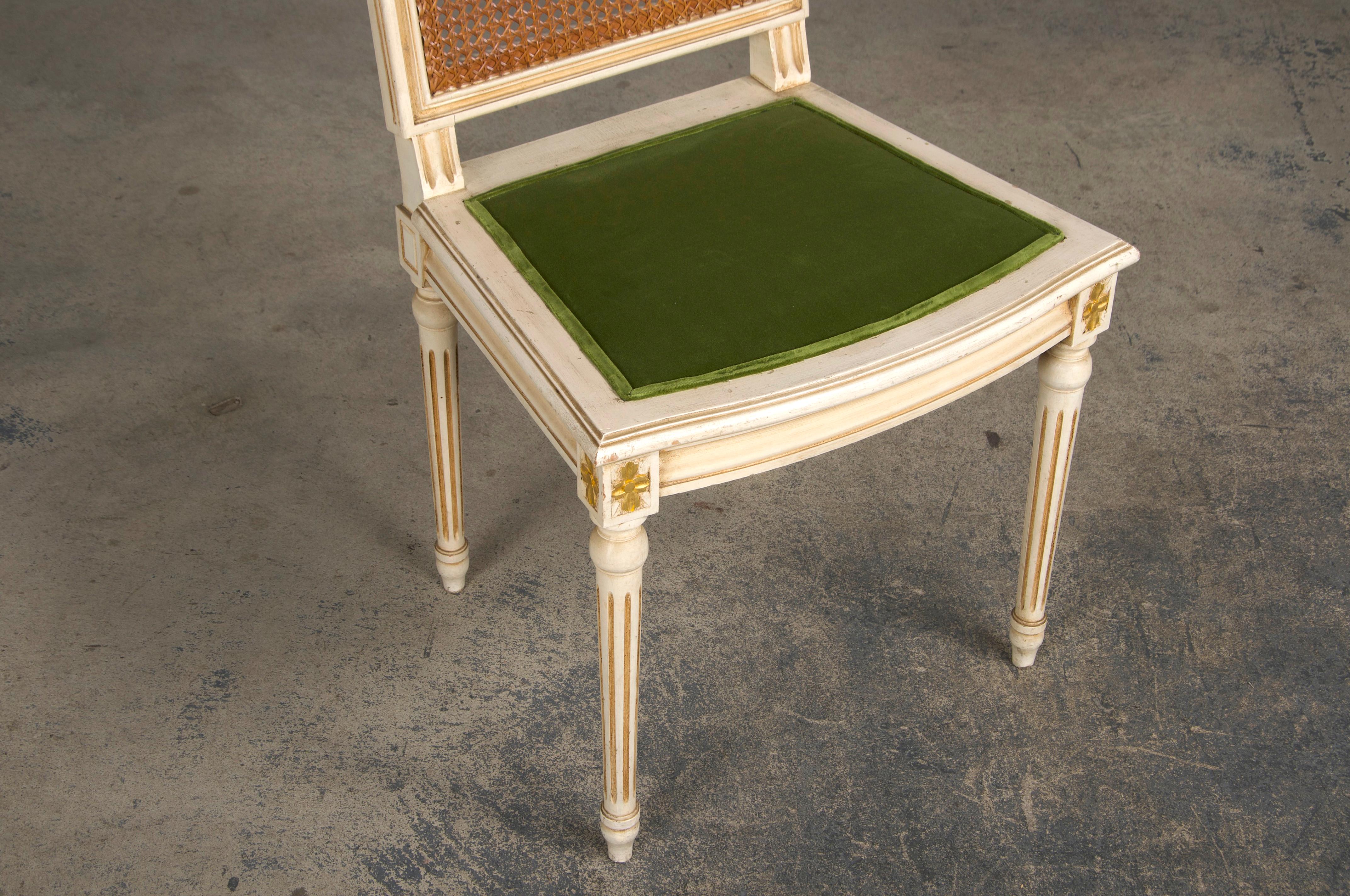 Six Antique French Louis XVI Style Painted Square Cane Back Dining Chairs 1