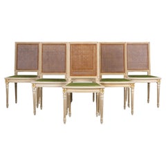 Six Antique French Louis XVI Style Painted Square Cane Back Dining Chairs