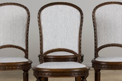 Six Antique French Louis XVI Style Walnut Dining Chairs in Blue Linen Stripe