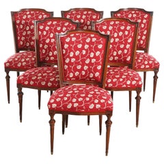 Six Antique French Louis XVI Style Walnut Upholstered Dining Chairs C1920