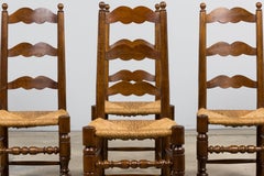 Six Antique French Provincial Ladder Back Walnut Dining Chairs W/ Rush Seats