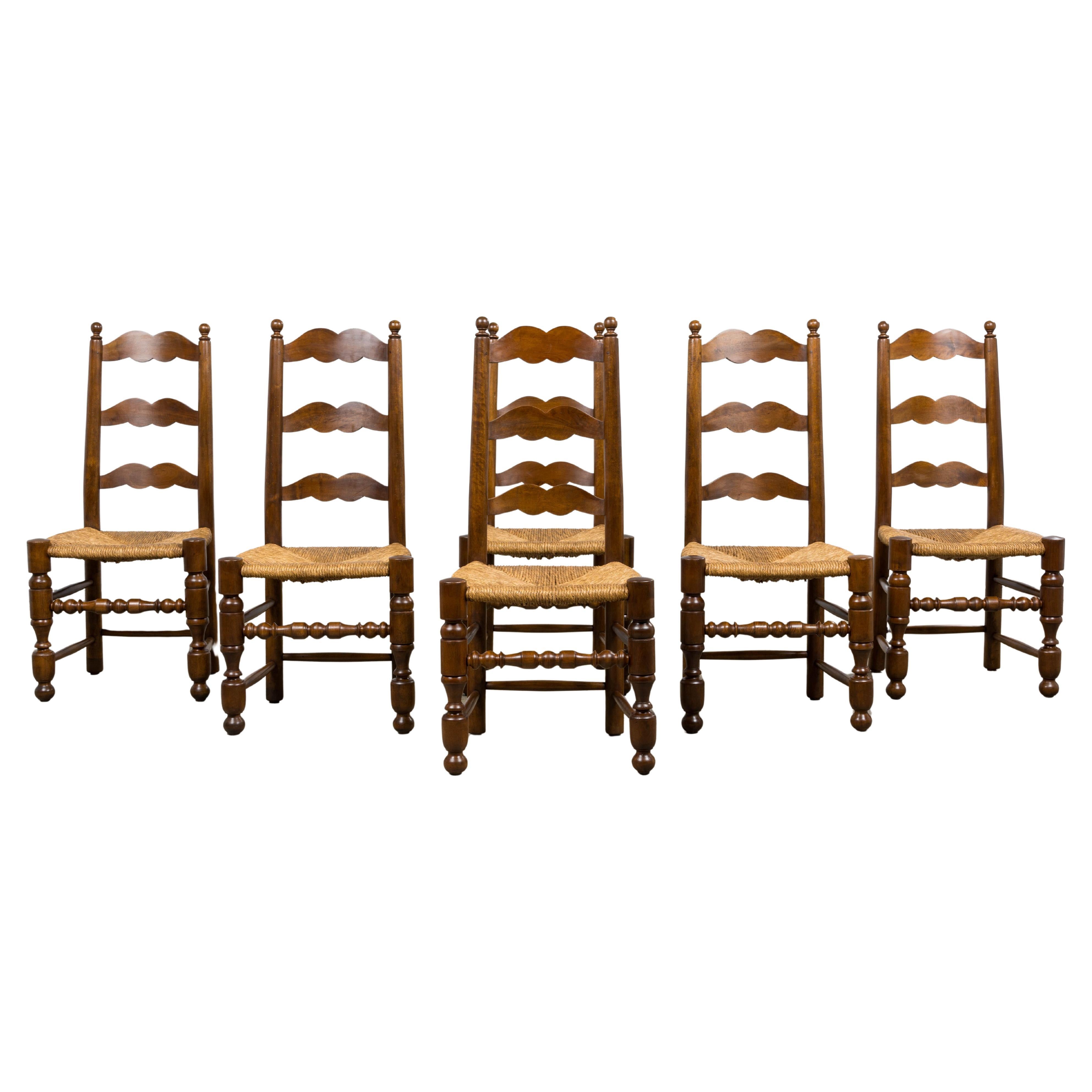 Six Antique French Provincial Ladder Back Walnut Dining Chairs W/ Rush Seats