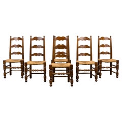 Six Antique French Provincial Ladder Back Walnut Dining Chairs W/ Rush Seats