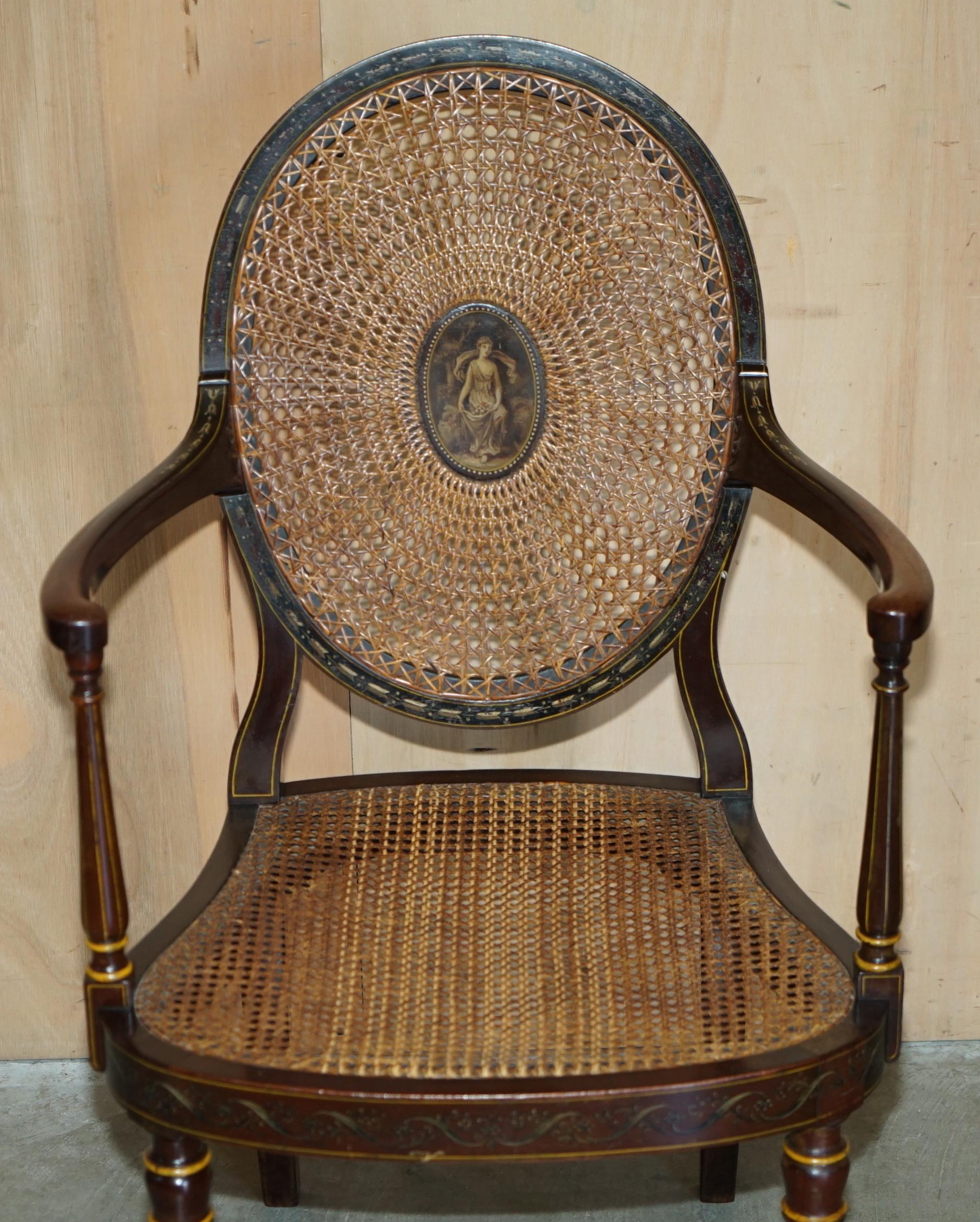 SiX ANTIQUE GEORGE HEPPLEWHITE BERGERE SHERATON REVIVAL PAINTED DINING CHAIRS For Sale 6