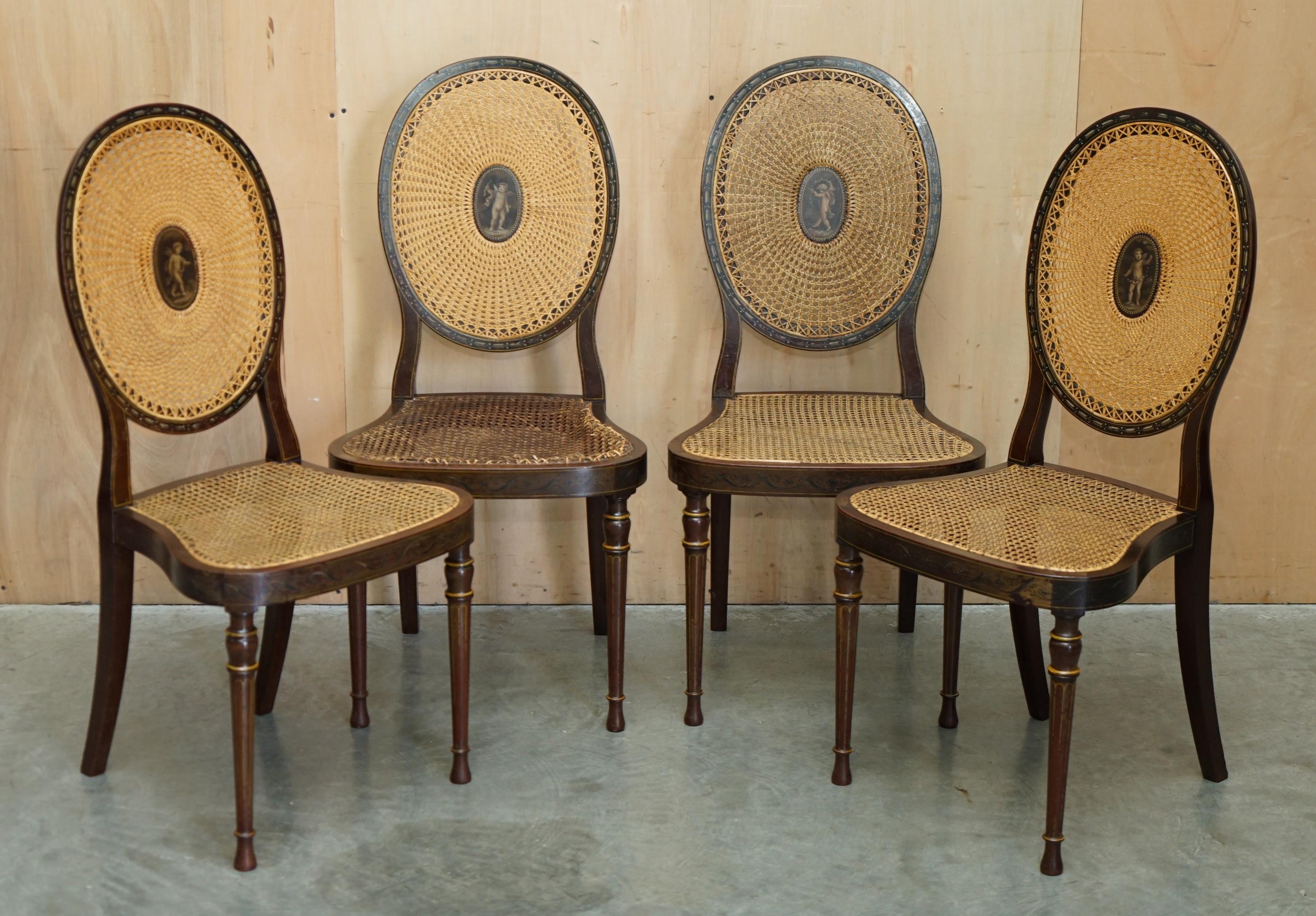 SiX ANTIQUE GEORGE HEPPLEWHITE BERGERE SHERATON REVIVAL PAINTED DINING CHAIRS For Sale 7
