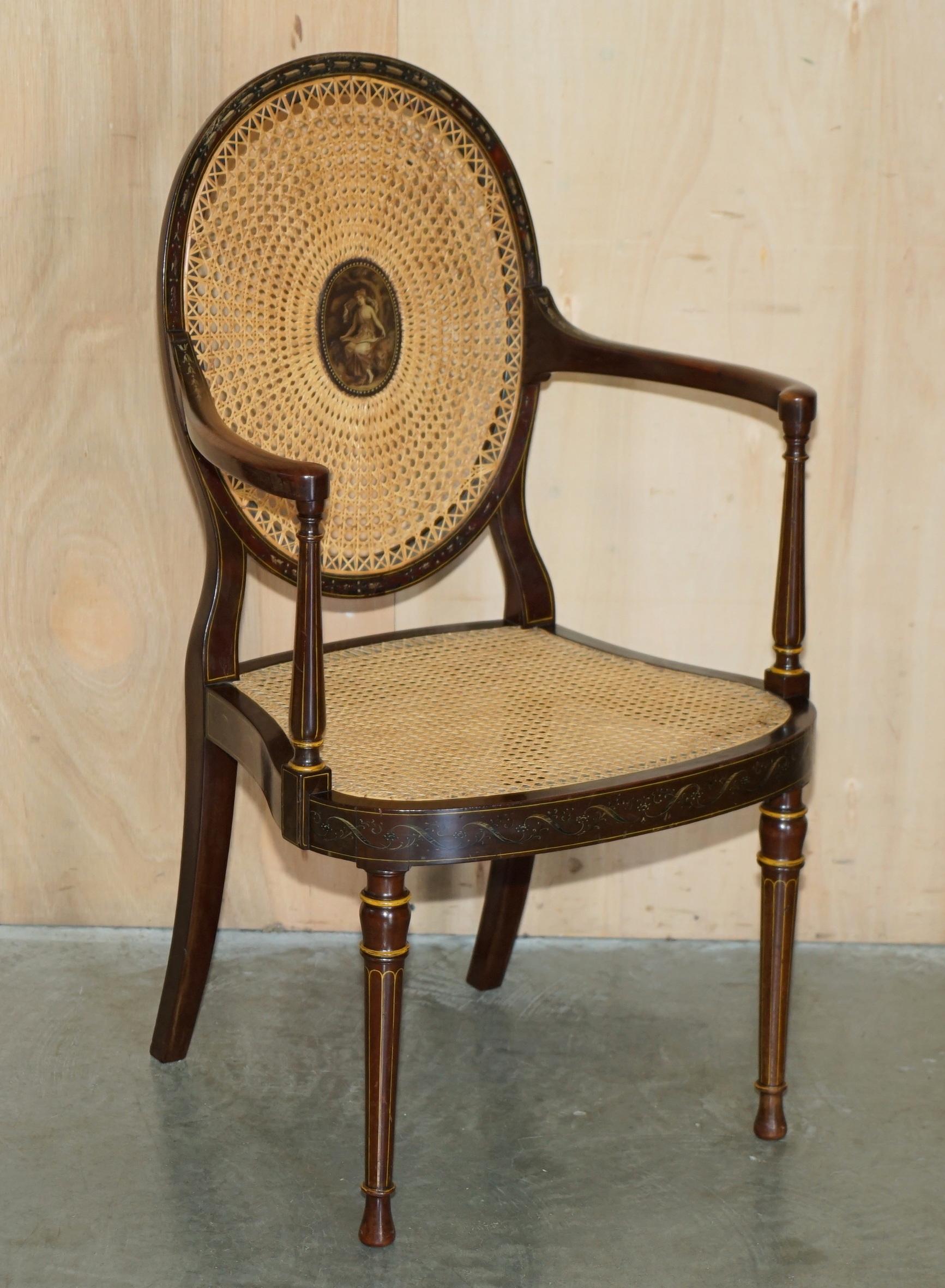 English SiX ANTIQUE GEORGE HEPPLEWHITE BERGERE SHERATON REVIVAL PAINTED DINING CHAIRS For Sale
