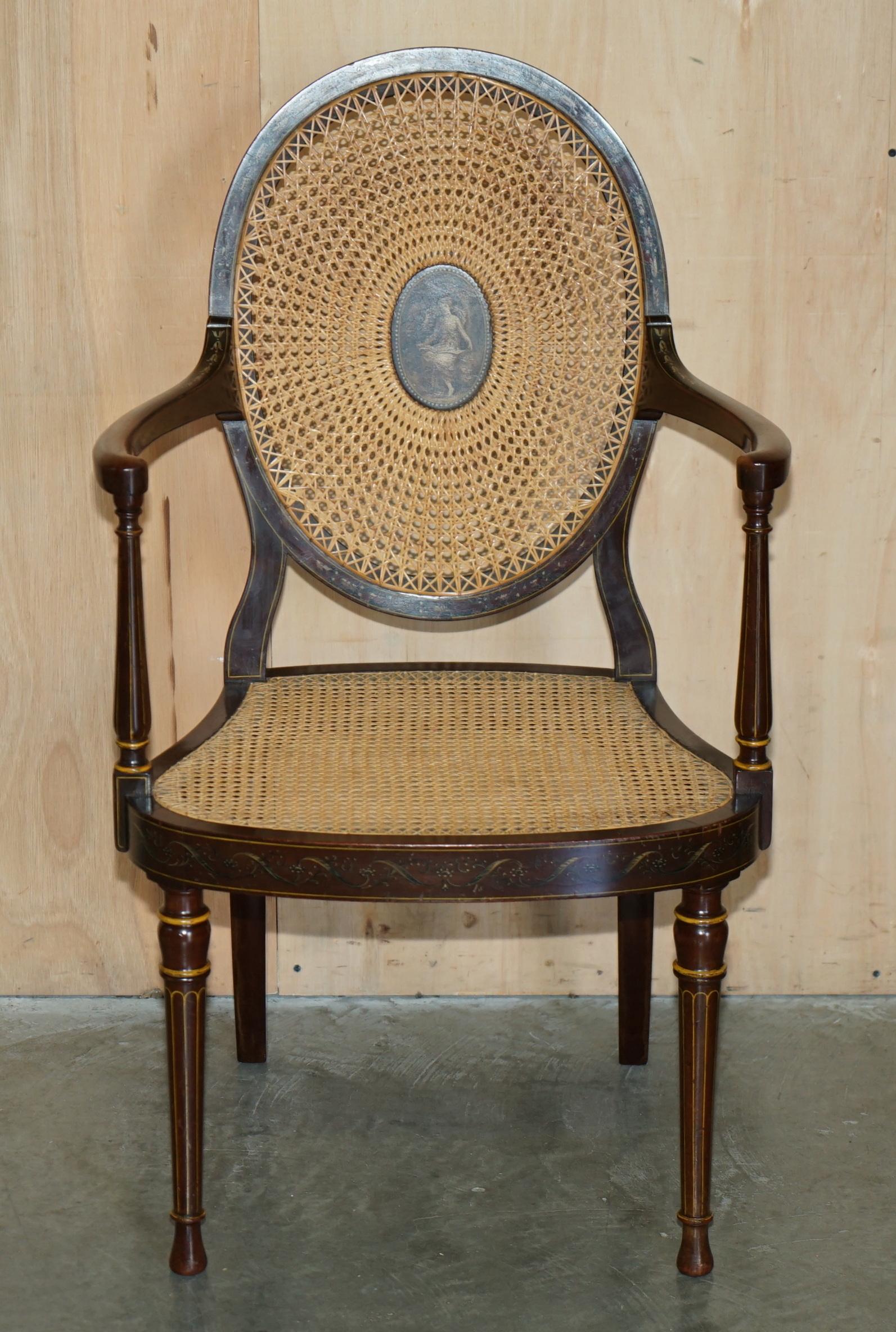 Hand-Crafted SiX ANTIQUE GEORGE HEPPLEWHITE BERGERE SHERATON REVIVAL PAINTED DINING CHAIRS For Sale