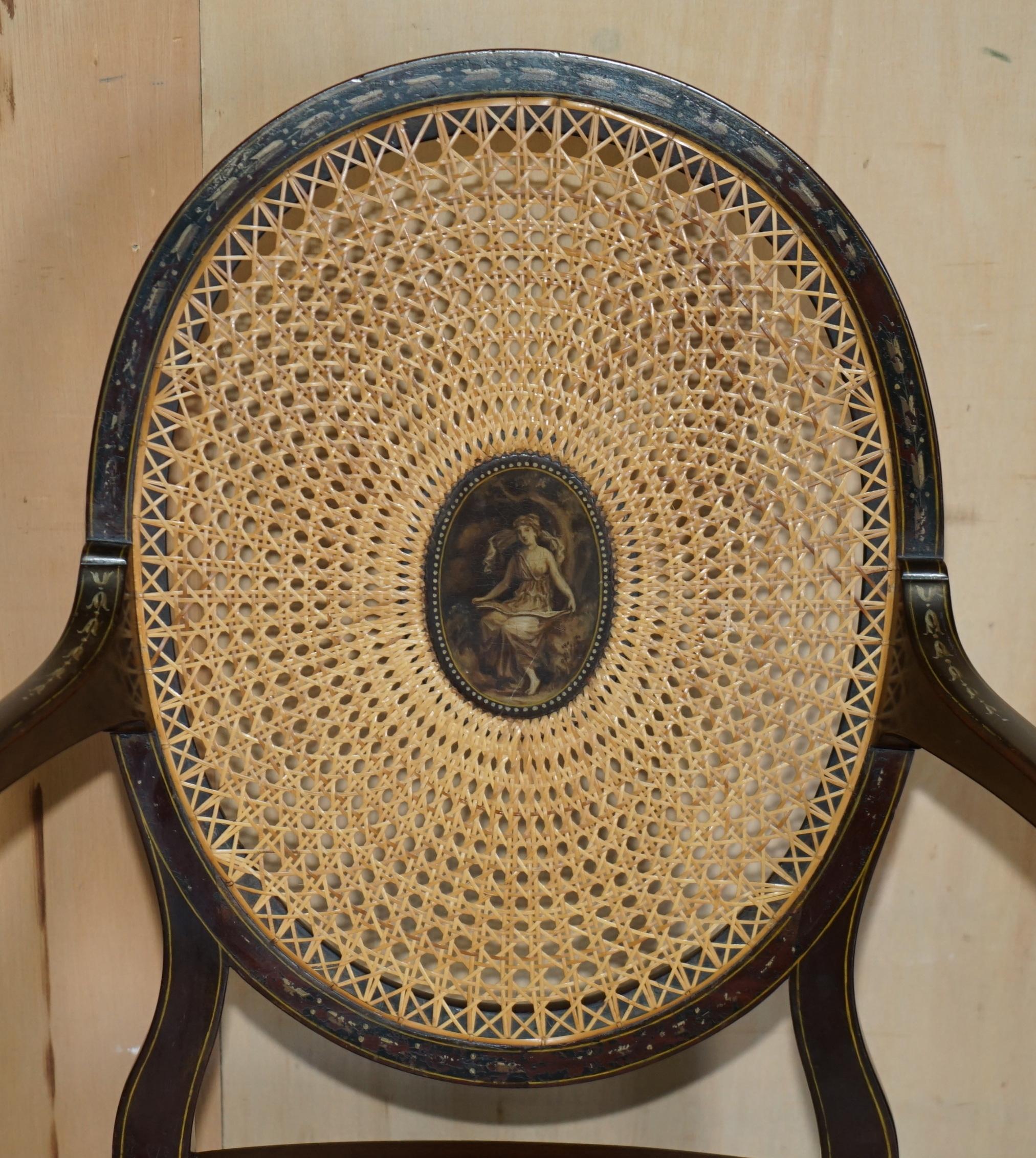 SiX ANTIQUE GEORGE HEPPLEWHITE BERGERE SHERATON REVIVAL PAINTED DINING CHAIRS In Fair Condition For Sale In West Sussex, Pulborough