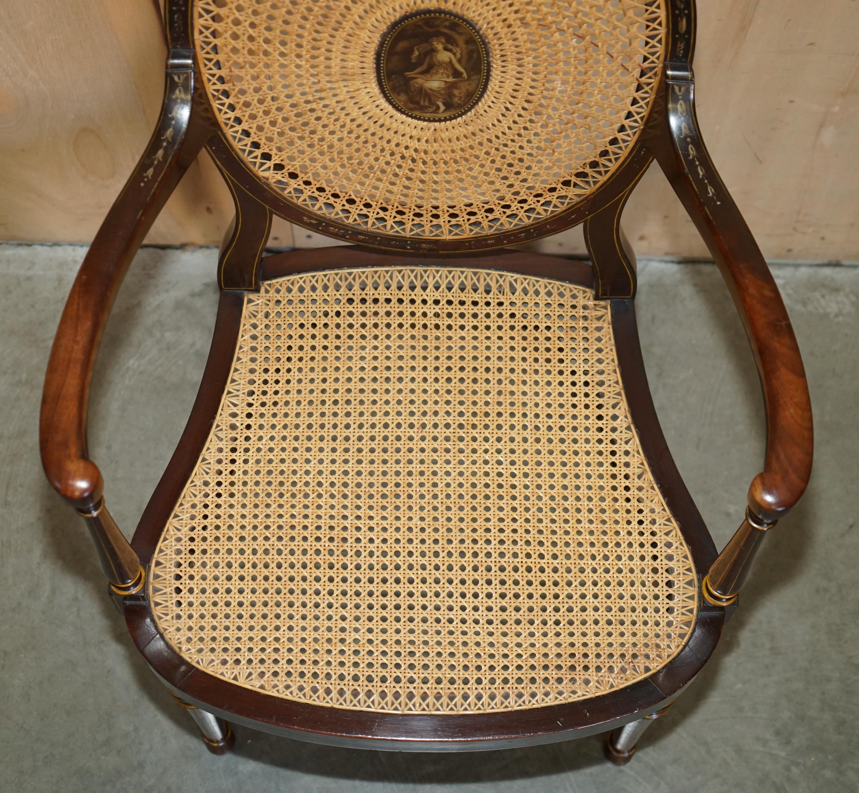 Rattan SiX ANTIQUE GEORGE HEPPLEWHITE BERGERE SHERATON REVIVAL PAINTED DINING CHAIRS For Sale
