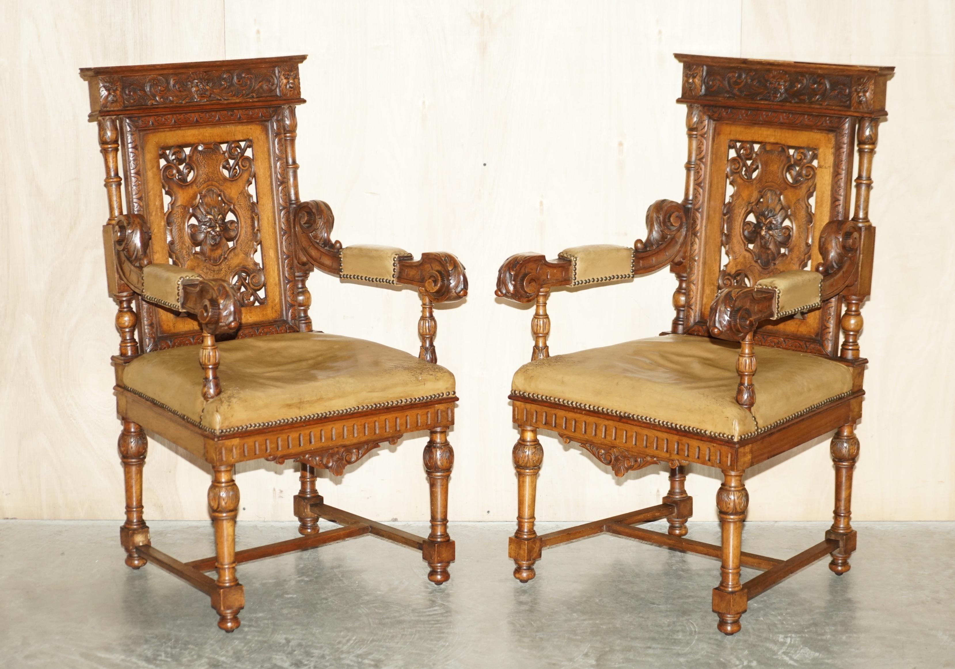 SIX ANTIQUE HAND CARVED WALNUT BROWN LEATHER GOTHIC REVIVAL DINING CHAIRs 6 For Sale 3
