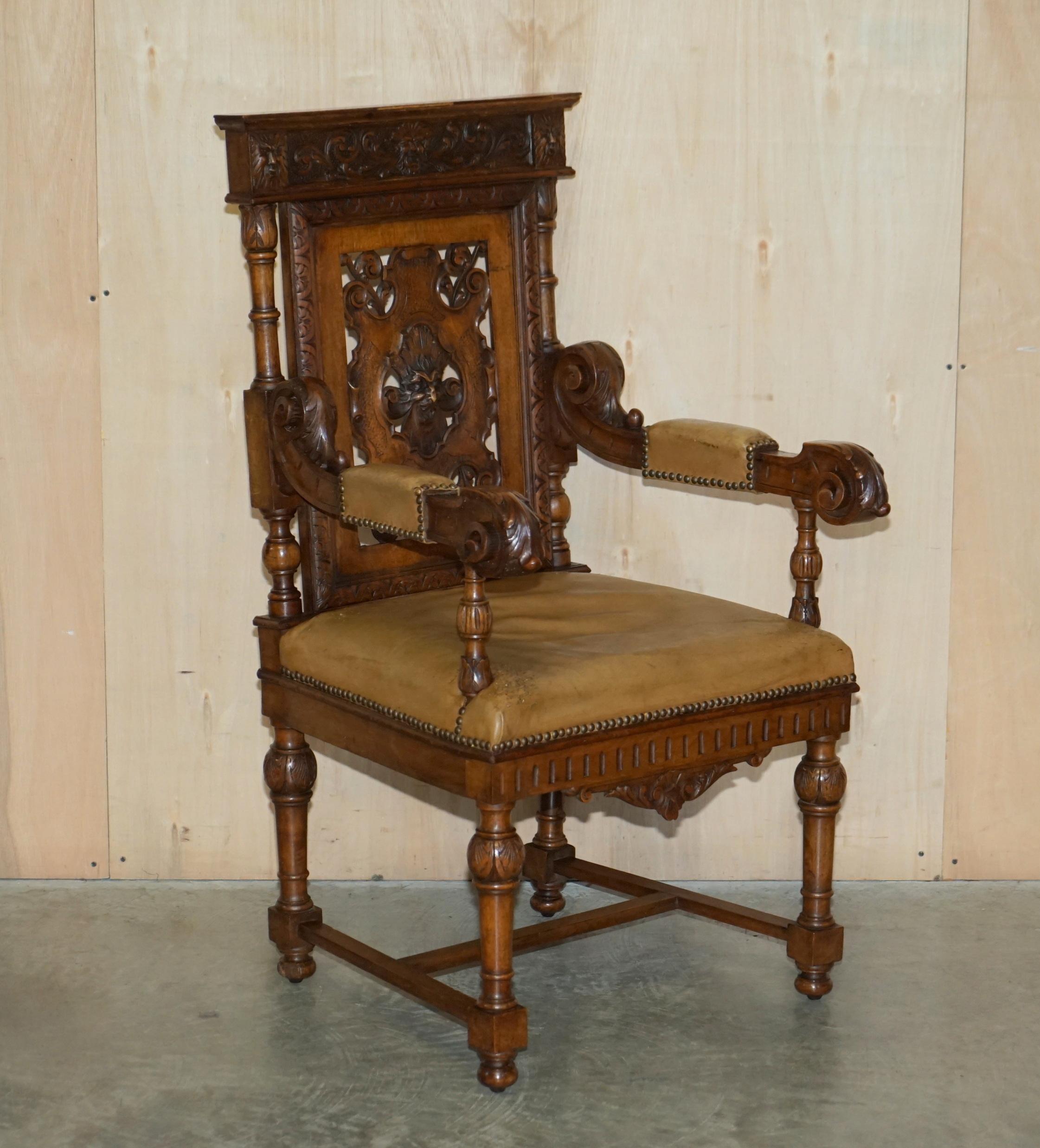 SIX ANTIQUE HAND CARVED WALNUT BROWN LEATHER GOTHIC REVIVAL DINING CHAIRs 6 For Sale 4