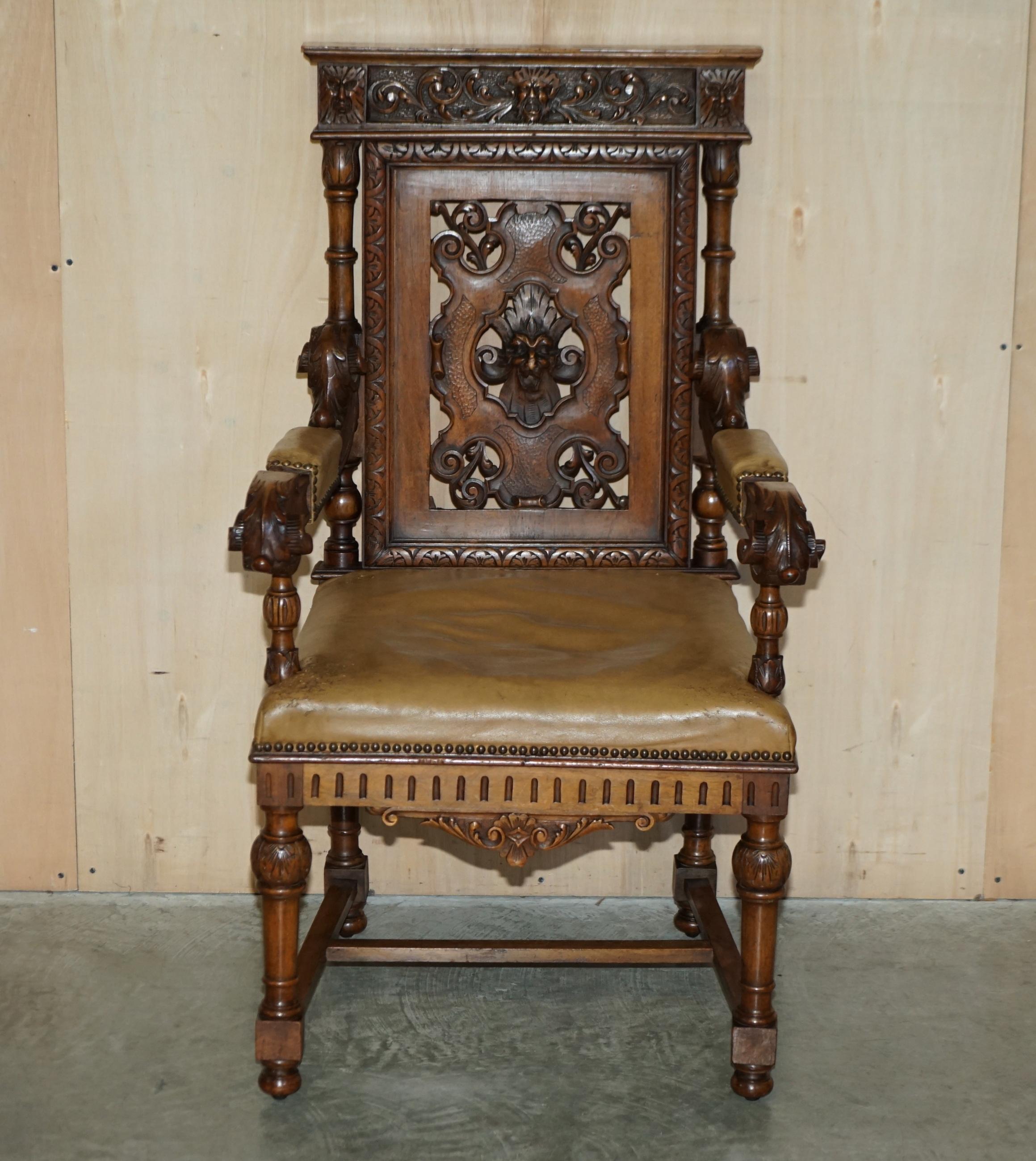 SIX ANTIQUE HAND CARVED WALNUT BROWN LEATHER GOTHIC REVIVAL DINING CHAIRs 6 For Sale 5