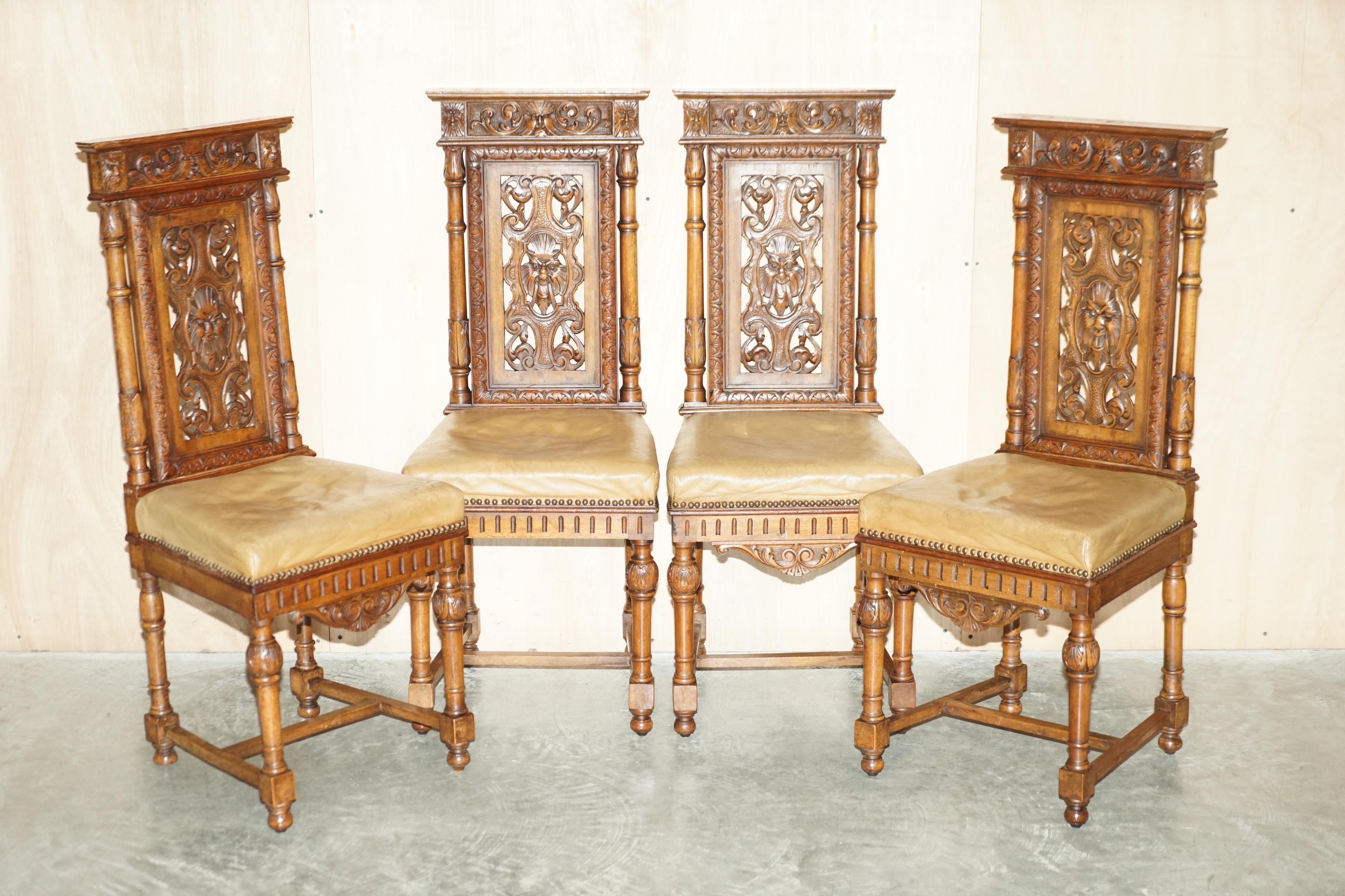 We are delighted to offer for sale this lovely suite of six Gothic Revival hand carved walnut dining chairs with brown leather seats

A very good looking and well made suite, circa 1840-1860 but based on a much earlier design, the frames are hand