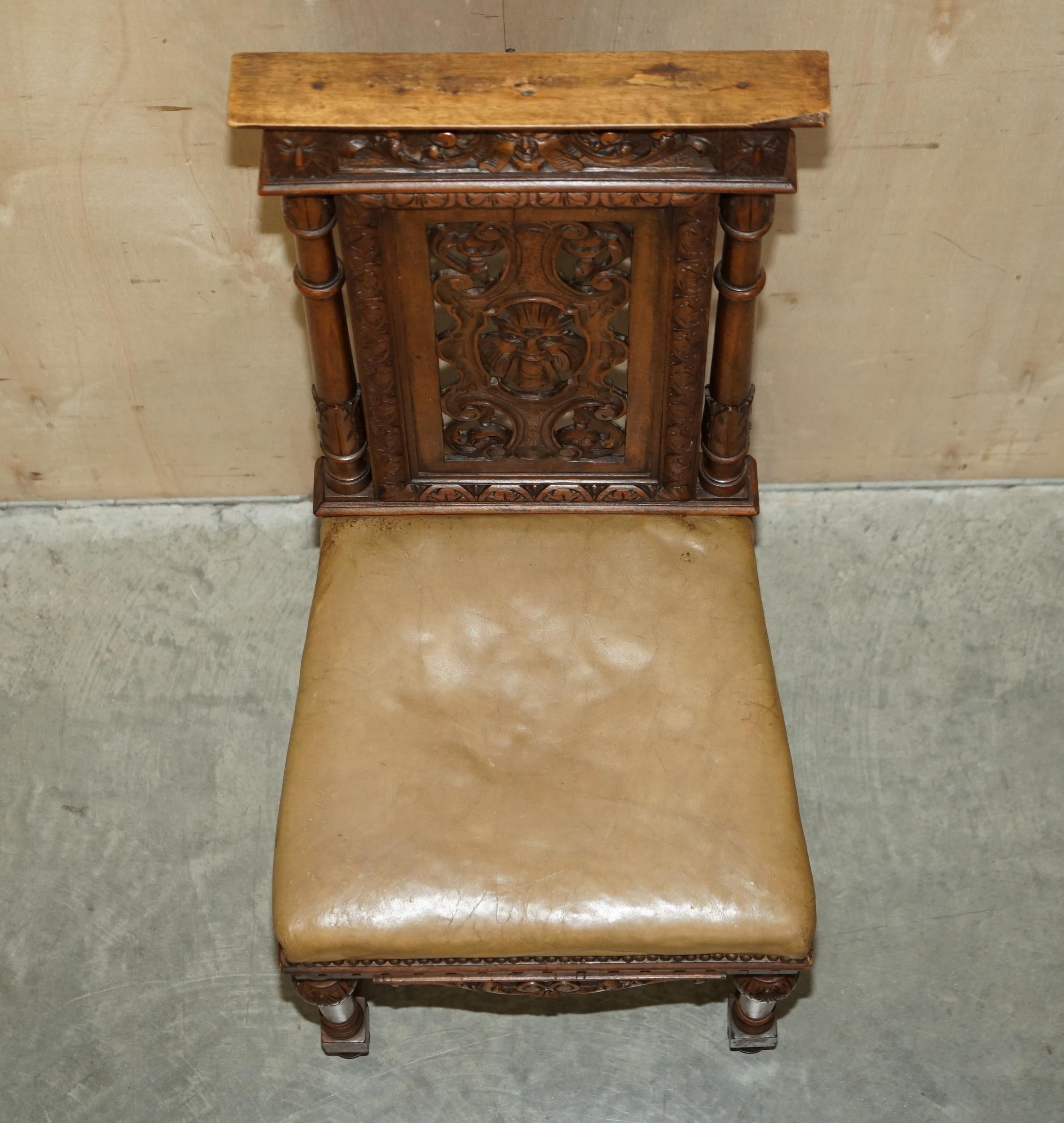 Hand-Carved SIX ANTIQUE HAND CARVED WALNUT BROWN LEATHER GOTHIC REVIVAL DINING CHAIRs 6 For Sale