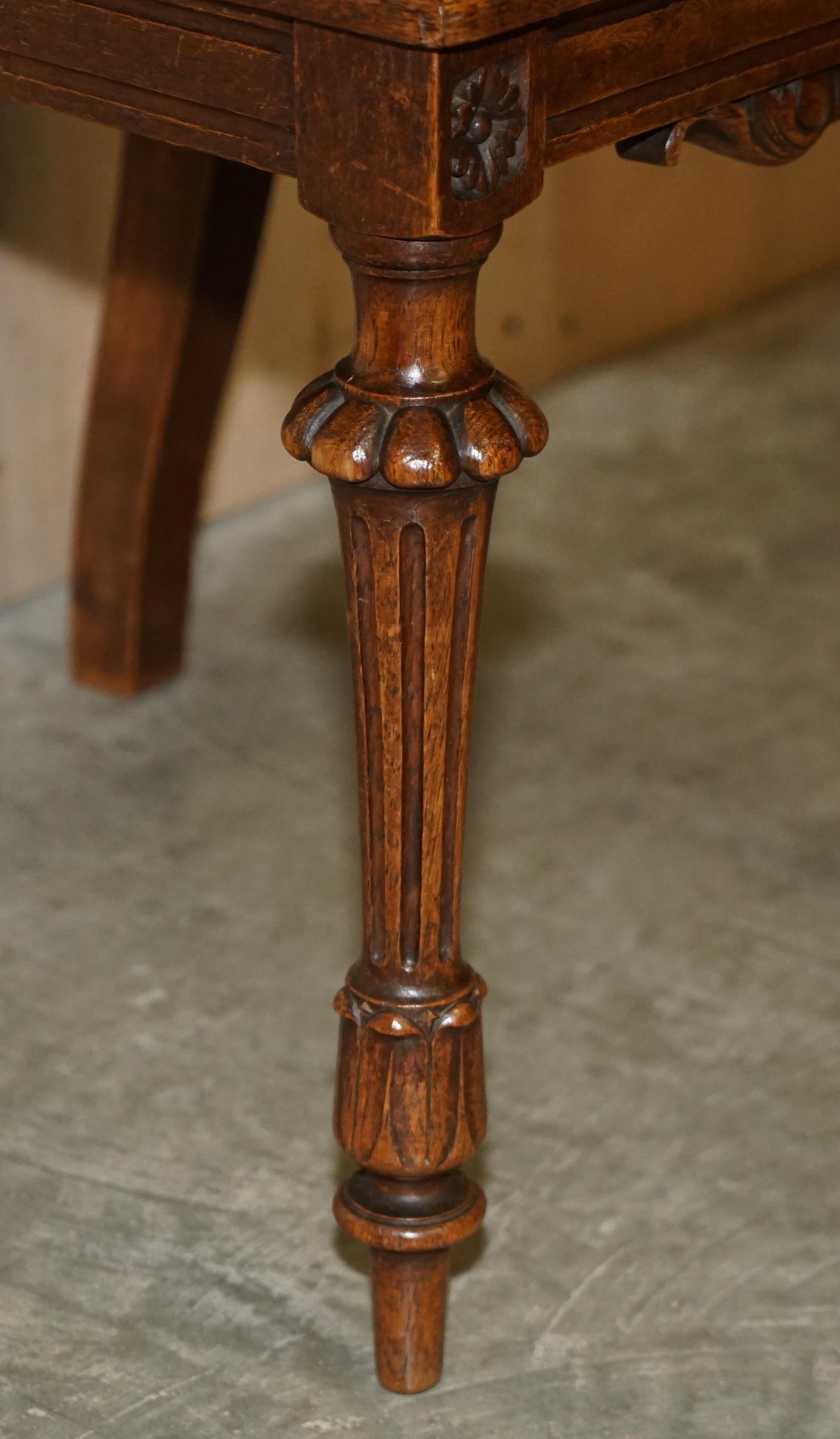 Six Antique Hand Carved Walnut Brown Leather Jacobean Revival Dining Chairs 6 For Sale 4