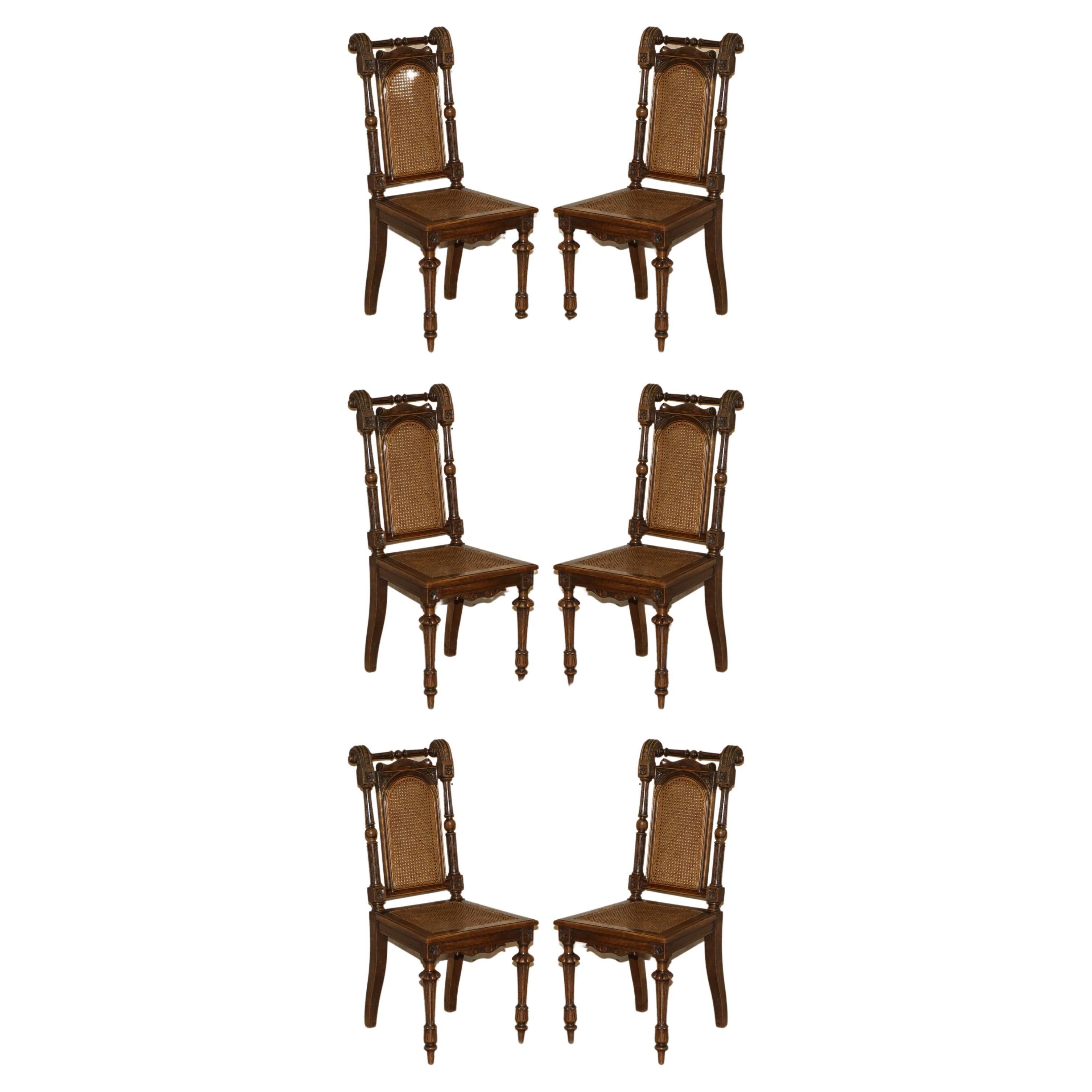 Six Antique Hand Carved Walnut Brown Leather Jacobean Revival Dining Chairs 6
