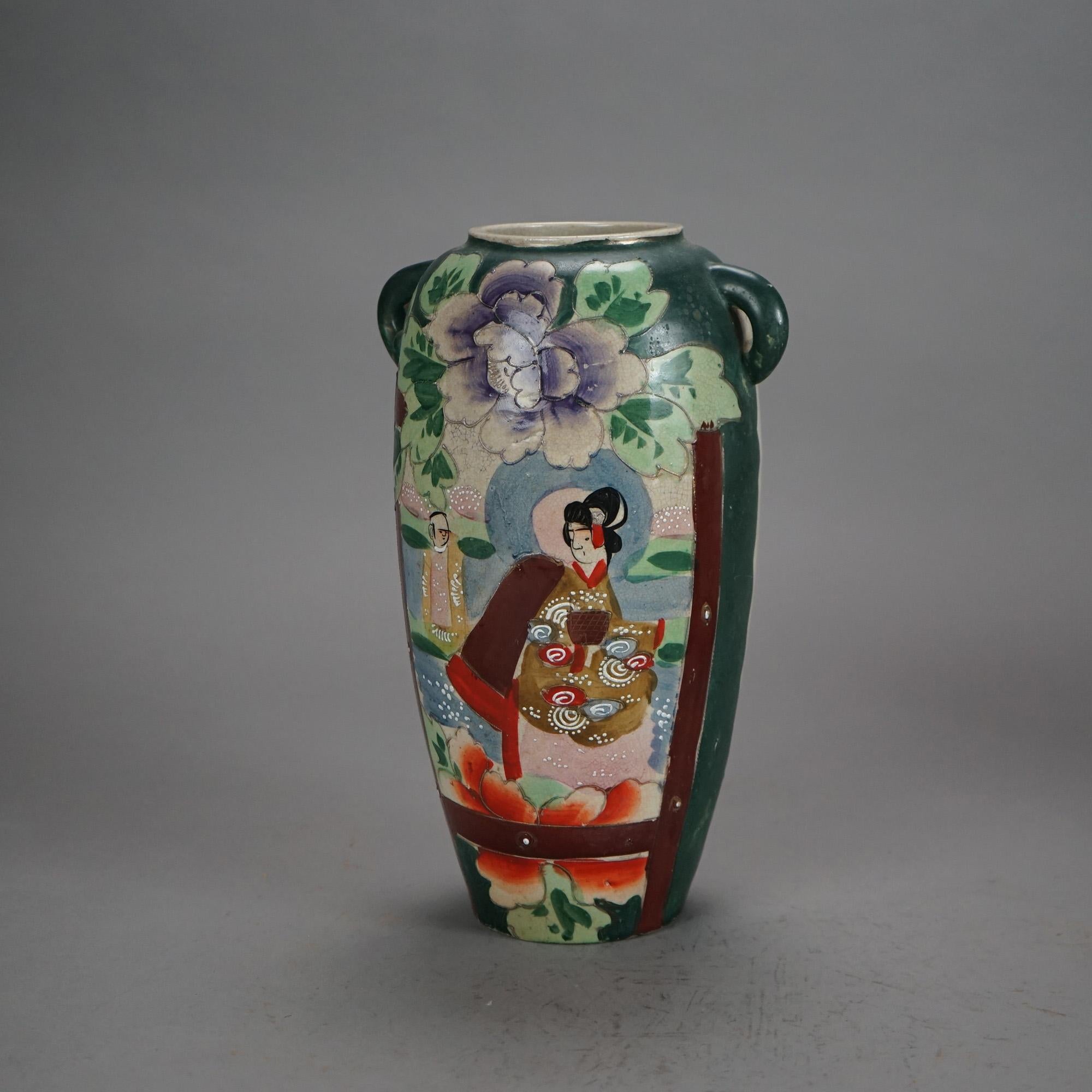 Seis jarrones antiguos de cerámica japonesa Satsuma C1920 Alfarería en venta