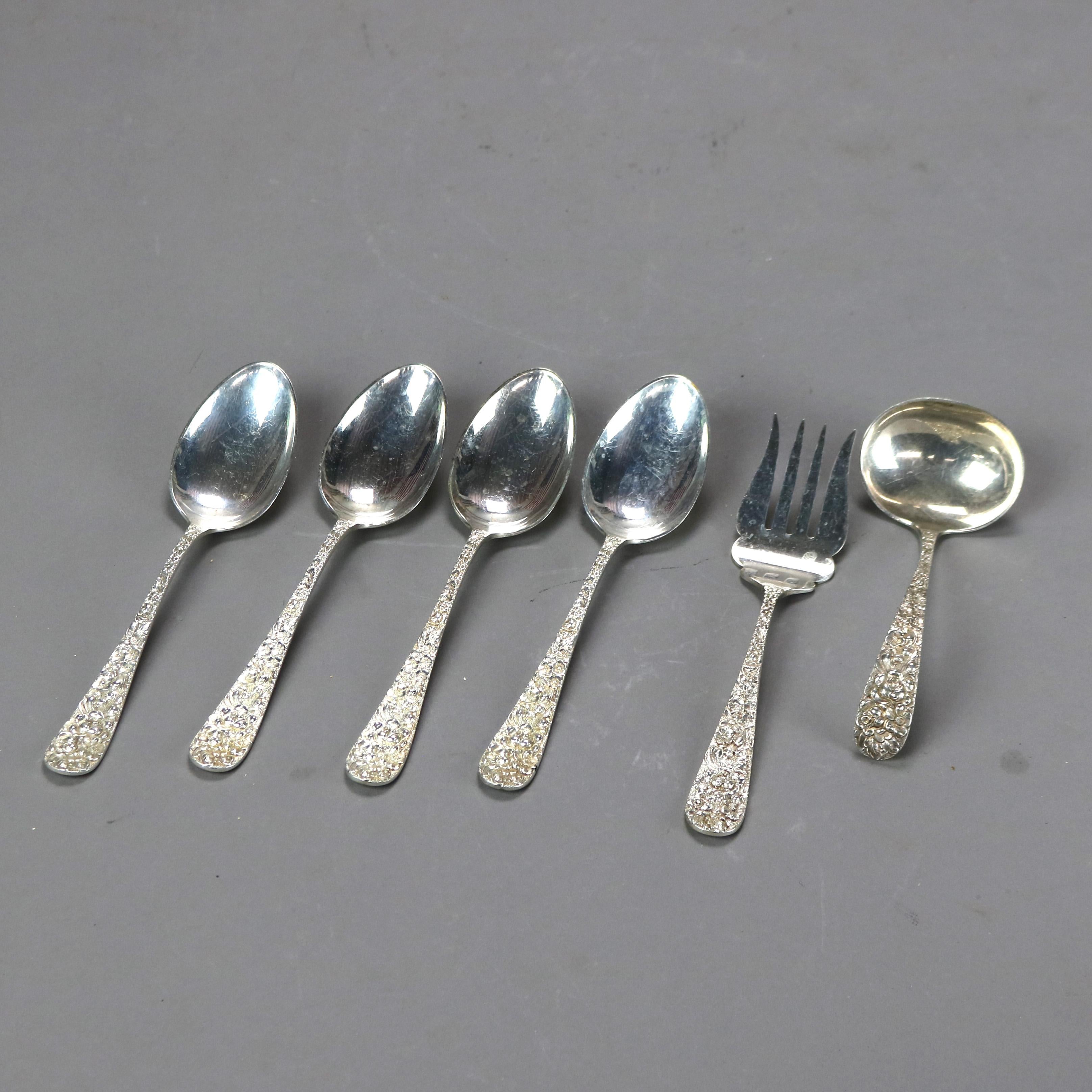 Six Antique Kirk Stieff Repousse Sterling Silver Serving Utensils 13.3 Troy Oz C1890

Measures- Spoons (4): 7.75