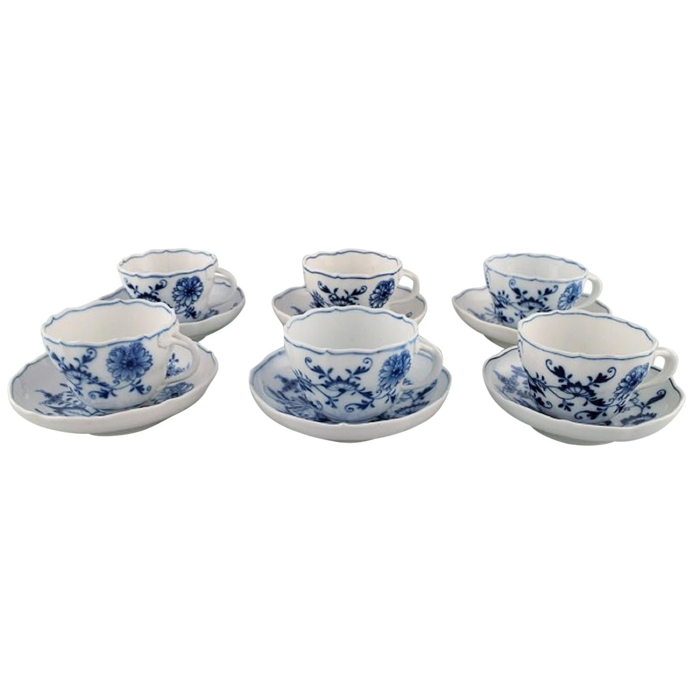 Six Antique Meissen "Blue Onion" Coffee Cups with Saucer in Porcelain