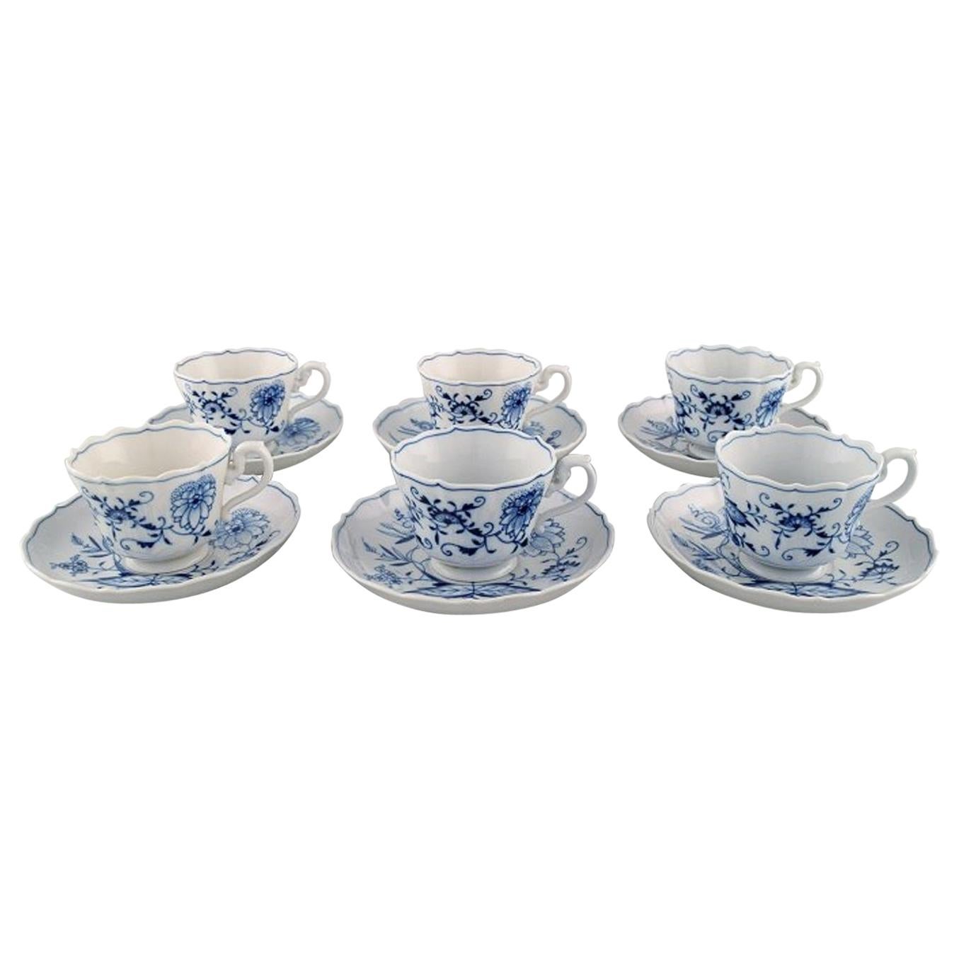 Six Antique Meissen "Blue Onion" Coffee Cups with Saucer in Porcelain