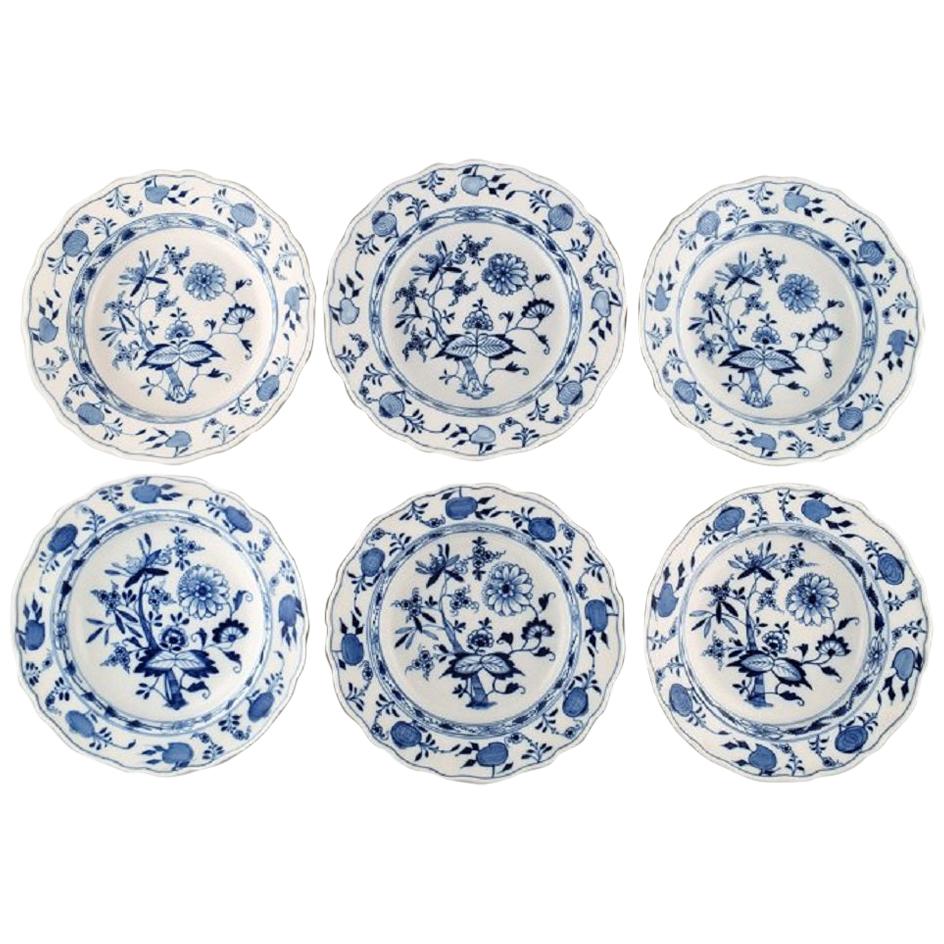 Six Antique Meissen "Blue Onion" Deep Plates in Hand Painted Porcelain