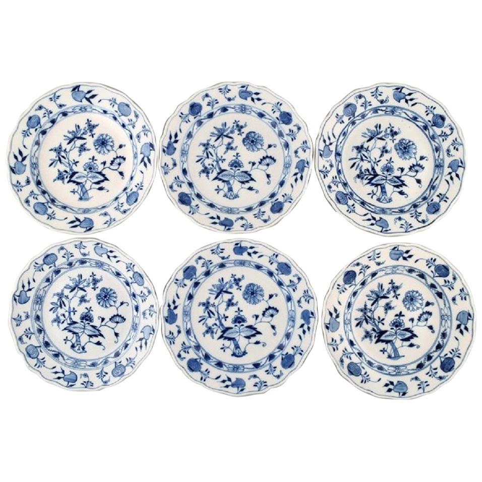 Six Antique Meissen "Blue Onion" Dinner Plates in Hand Painted
