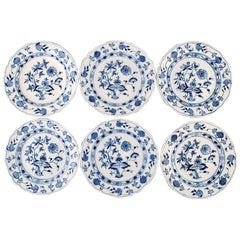 Six Antique Meissen "Blue Onion" Dinner Plates in Hand Painted Porcelain