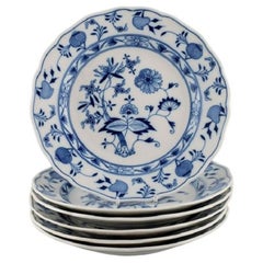 Six Antique Meissen Blue Onion Dinner Plates in Hand-Painted Porcelain