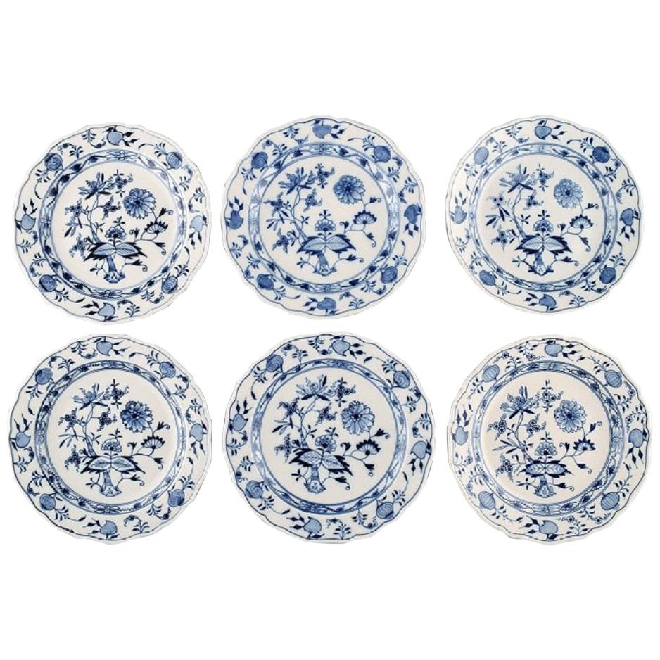 Six Antique Meissen "Blue Onion" Lunch Plates in Hand Painted Porcelain