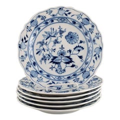 Six Antique Meissen "Blue Onion" Lunch Plates in Hand-Painted Porcelain