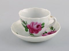 Six Antique Meissen Coffee Cups with Saucers with Pink Roses