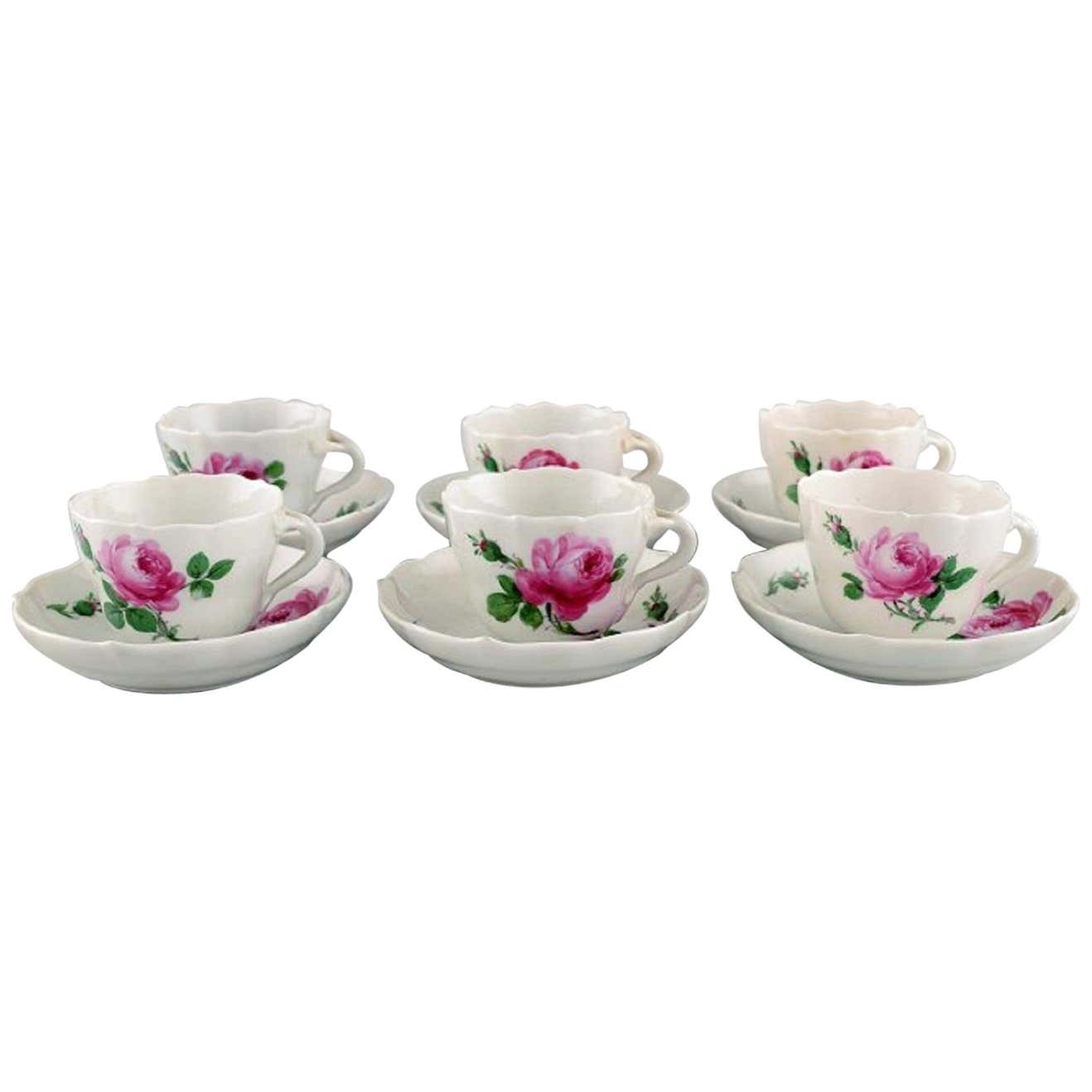 Six Antique Meissen Coffee Cups with Saucers with Pink Roses at 1stDibs
