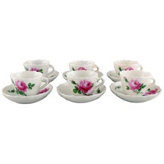 Six Antique Meissen Coffee Cups with Saucers with Pink Roses