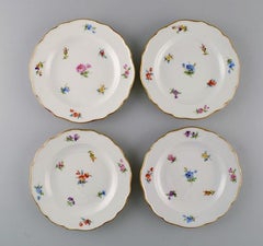 Sechs antike Meissener Porzellanteller mit handbemalten Blumen und Goldkante.