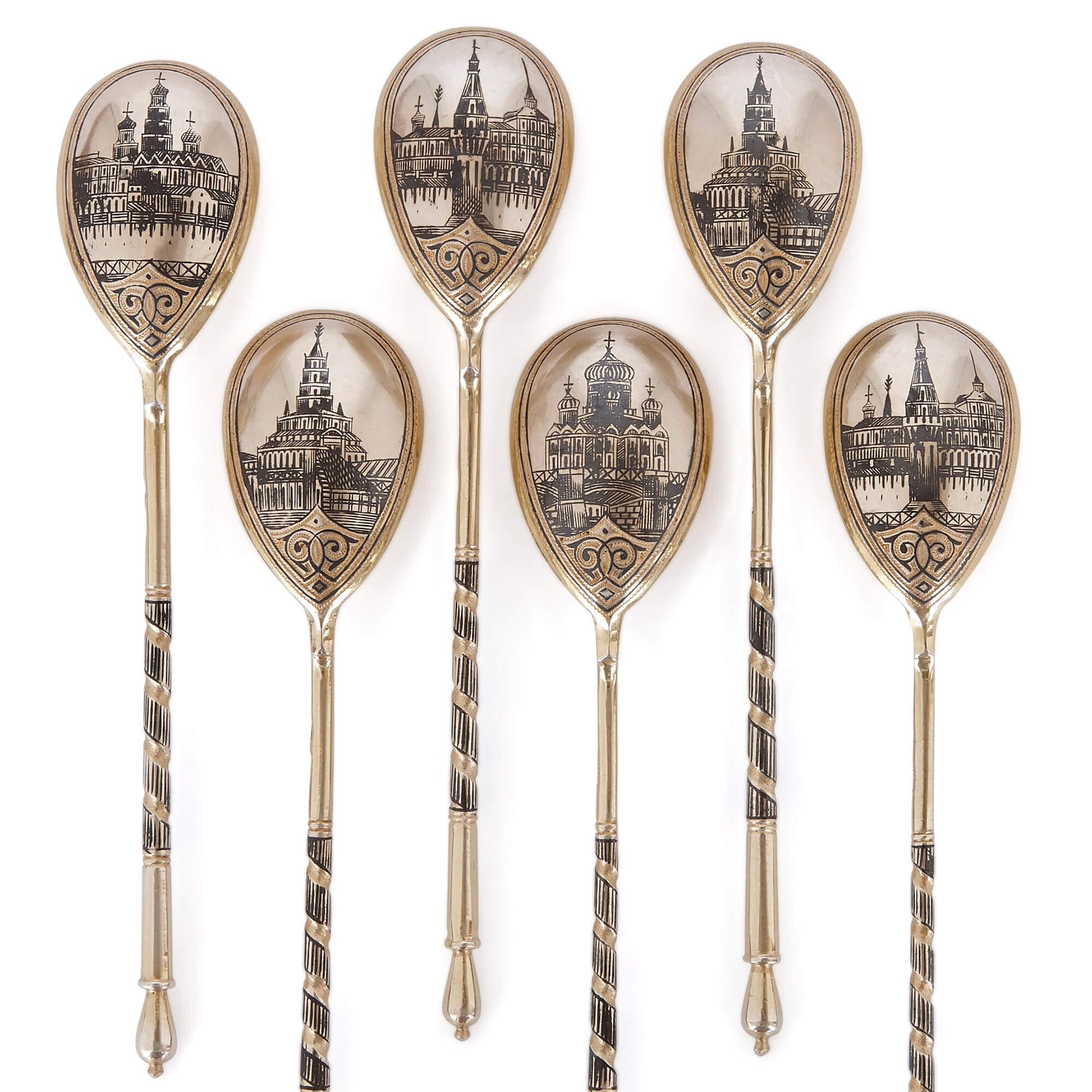 Russian Six Antique Moscow Silver-Gilt and Niello Spoons