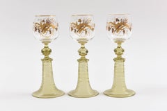 Six Antique Moser Raised Gilt Trumpet Stem White Wine Glasses, 19th Century