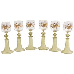 Six Antique Moser Raised Gilt Trumpet Stem White Wine Glasses, 19th Century