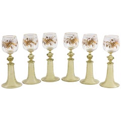 Six Antique Moser Raised Gilt Trumpet Stem White Wine Glasses, 19th Century 