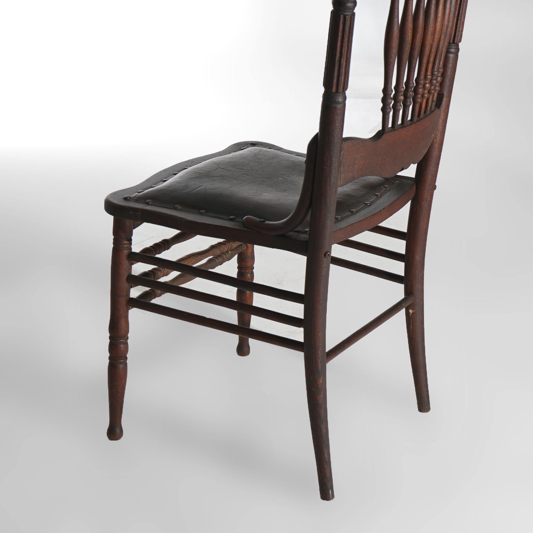 Six Antique Oak Larkin Reverse Heart Shape Spindle & Pressed Back Dining Chairs For Sale 2